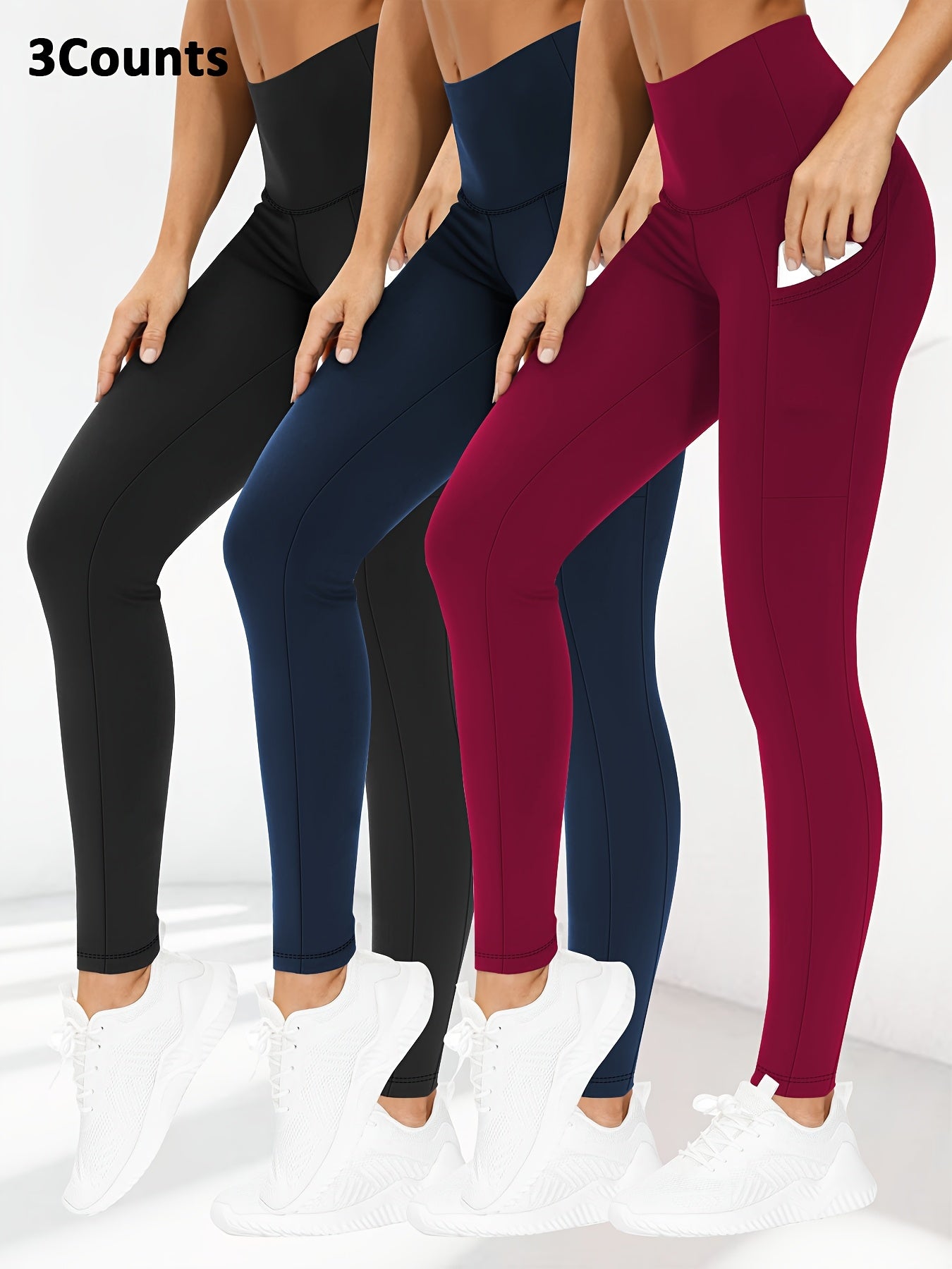 3pcs Set Women's High-Waisted Tummy Control Yoga Leggings - Full-Length Opaque Workout Pants with Pockets, 4-Way Stretch Soft Athletic Gym Pants for Running, Fitness, Yoga & Casual Attire - All-Season Tight Bodycon Leggings (