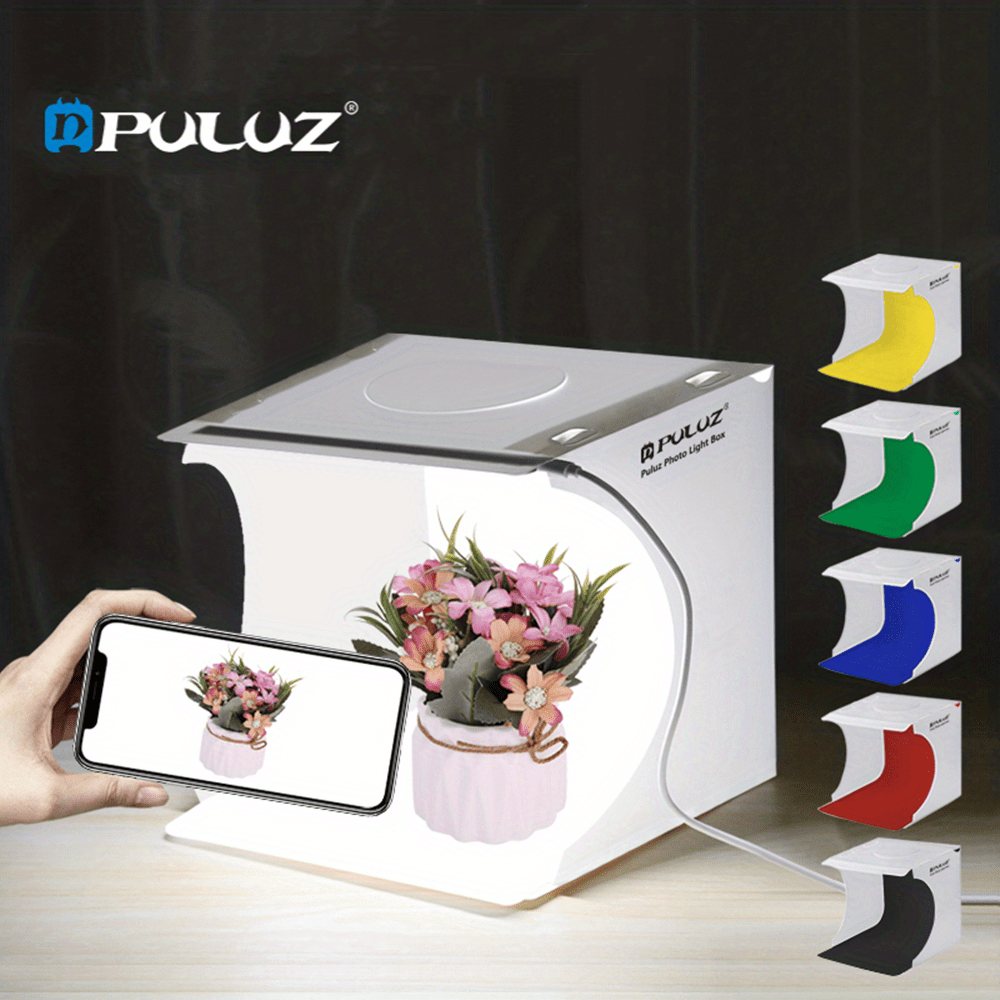 PULUZ Photo Light Box, Folding Portable Photography Shooting Light Tent Kit, Photo Studio 550LM Box, White Lighting Softbox With 1 LED Lights + 6 Color (Black/White/Orange/Red/Green/Blue) Backdrops Fabric For Product Display