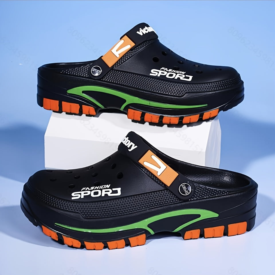 2025 Summer Men'S Lightweight Breathable Slip-On Clogs - Durable EVA Beach Shoes with Ventilation Holes, Black & Orange Design for Casual Casual Attire, Summer Footwear | Trendy Slipon Shoes | Lightweight Footwear