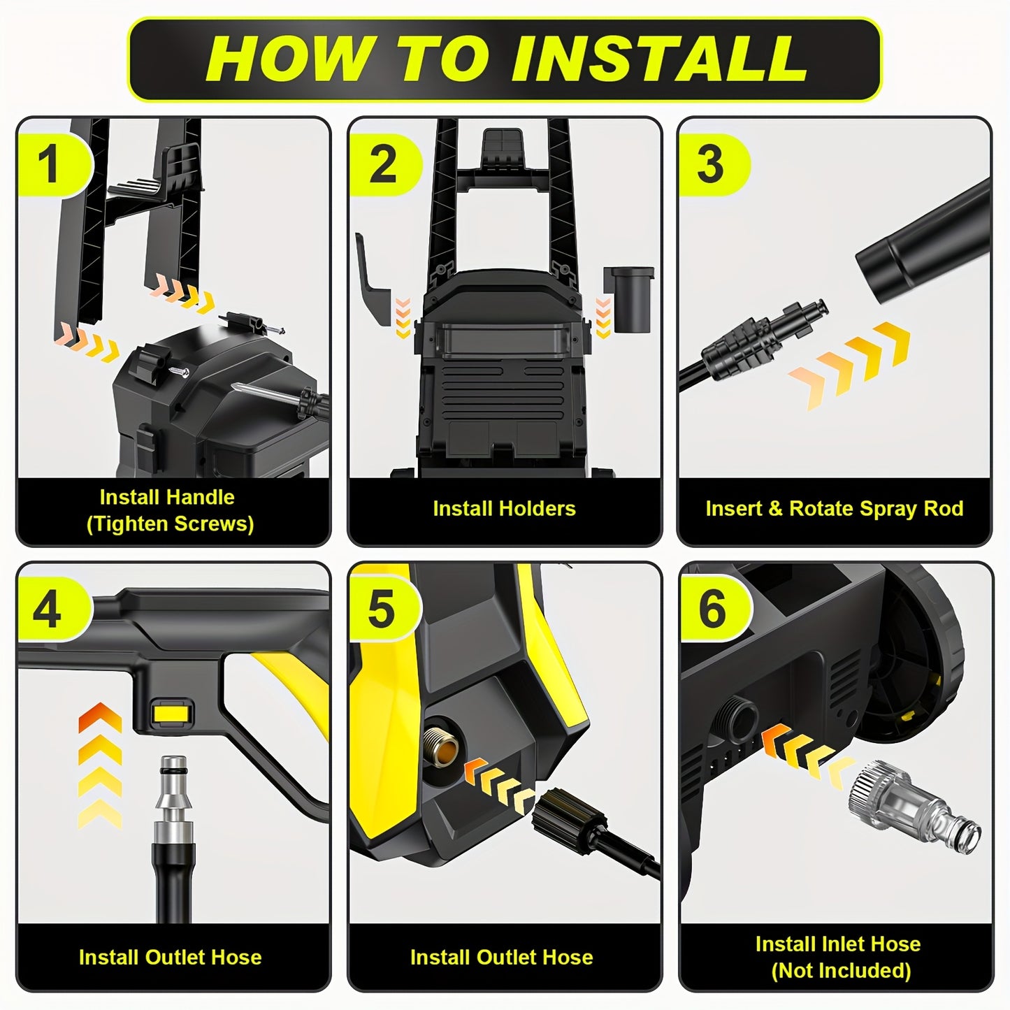 Gisam High-Pressure Washer 2200W 180Bar 480L/H with 8m Hose, Soap Bottle, Foam Nozzle & Lance Gun IPX5 Suitable for Cars/Fences/Gardens/Patios Yellow