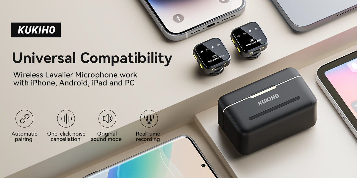 Microfone Wireless Lavalier com Cancelamento de Ruído e Estojo de Carregamento