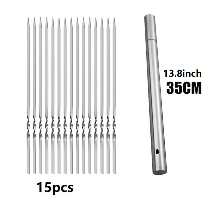 15pcs Stainless Steel Skewers & 1 Tube Storage For Barbecue, Reusable Grill Skewers, Shish Kebab BBQ Camping Flat Forks Gadgets, Outdoor Camping Picnic, Cookware Barbecue Tool Accessories
