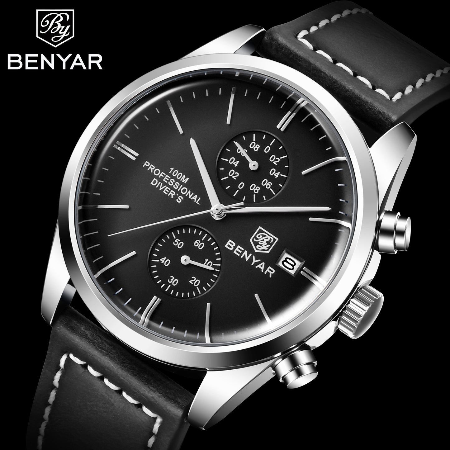 1pc New BENYAR Men's PU Leather Quartz Wristwatch, Men's 100M Multifunctional Watch Military Sports Chronograph Watch For Men
