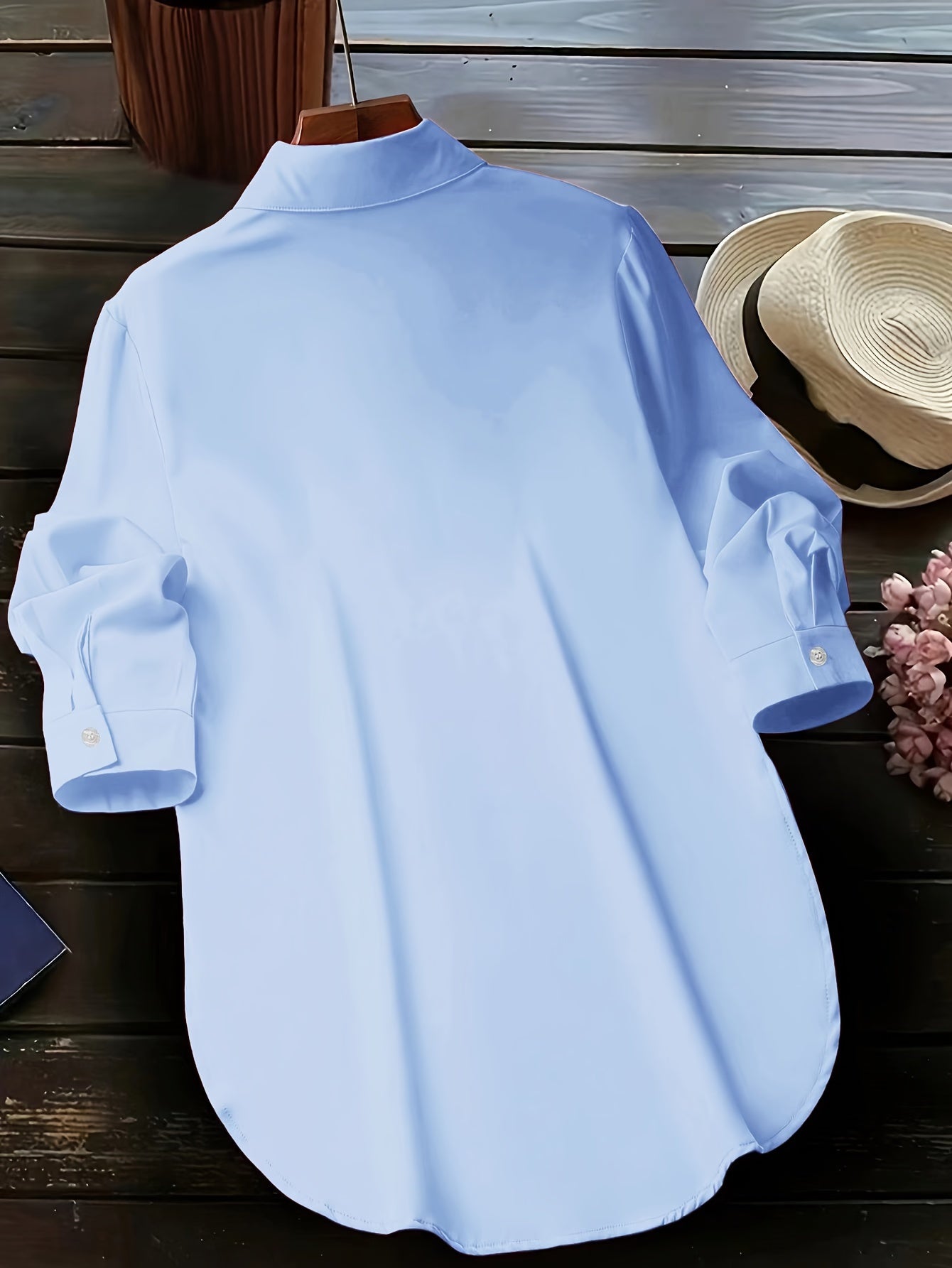 Plus Size Curved Hem Blouse, Casual Button Front Collared Blouse For Spring, Women's Plus Size Clothing