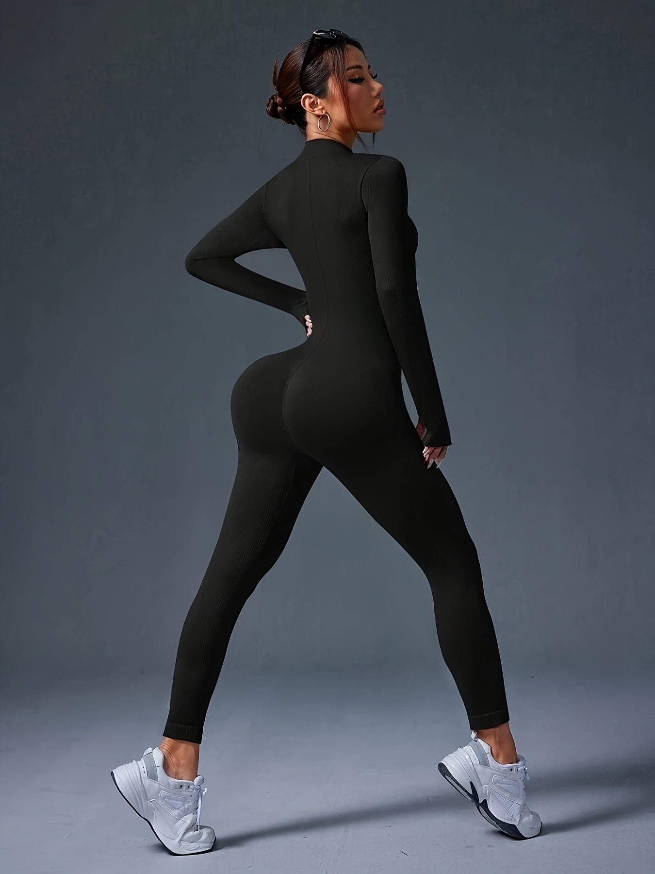Women's Full-Length Zipper Jumpsuit - Full-Body Compression-like Fit (Tummy Control) - High-Elasticity Slim-Fit Long Sleeve Athleisure Suit for,, Dance - All-Season Outfit ( swear) - Easy-Care (No Bulk) -