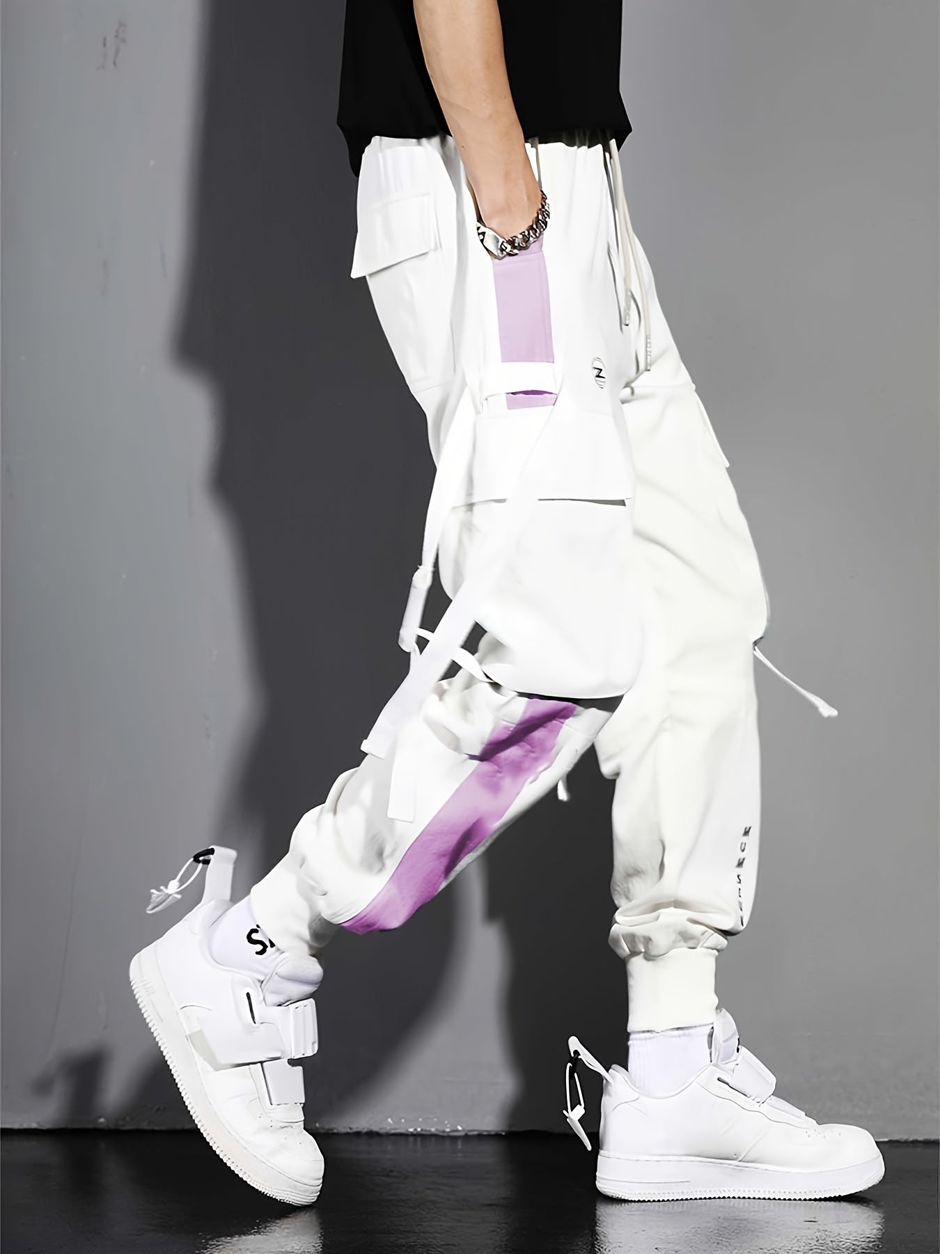 Multi-pocket Ribbon Design, Men's Color Block Cargo, Trendy Comfy Jogger Pants