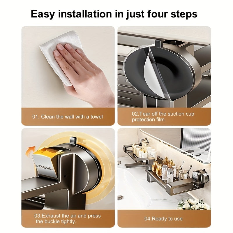 1pc Wall-Mounted Bathroom Sink Organizer with Suction Cup Faucet Holder - No-Drill Carbon Steel & ABS Shelf for Toothbrushes, Makeup Brushes, Floss - Space-Saving Vanity Storage for Small Bathrooms, Bathroom Sink Accessories,