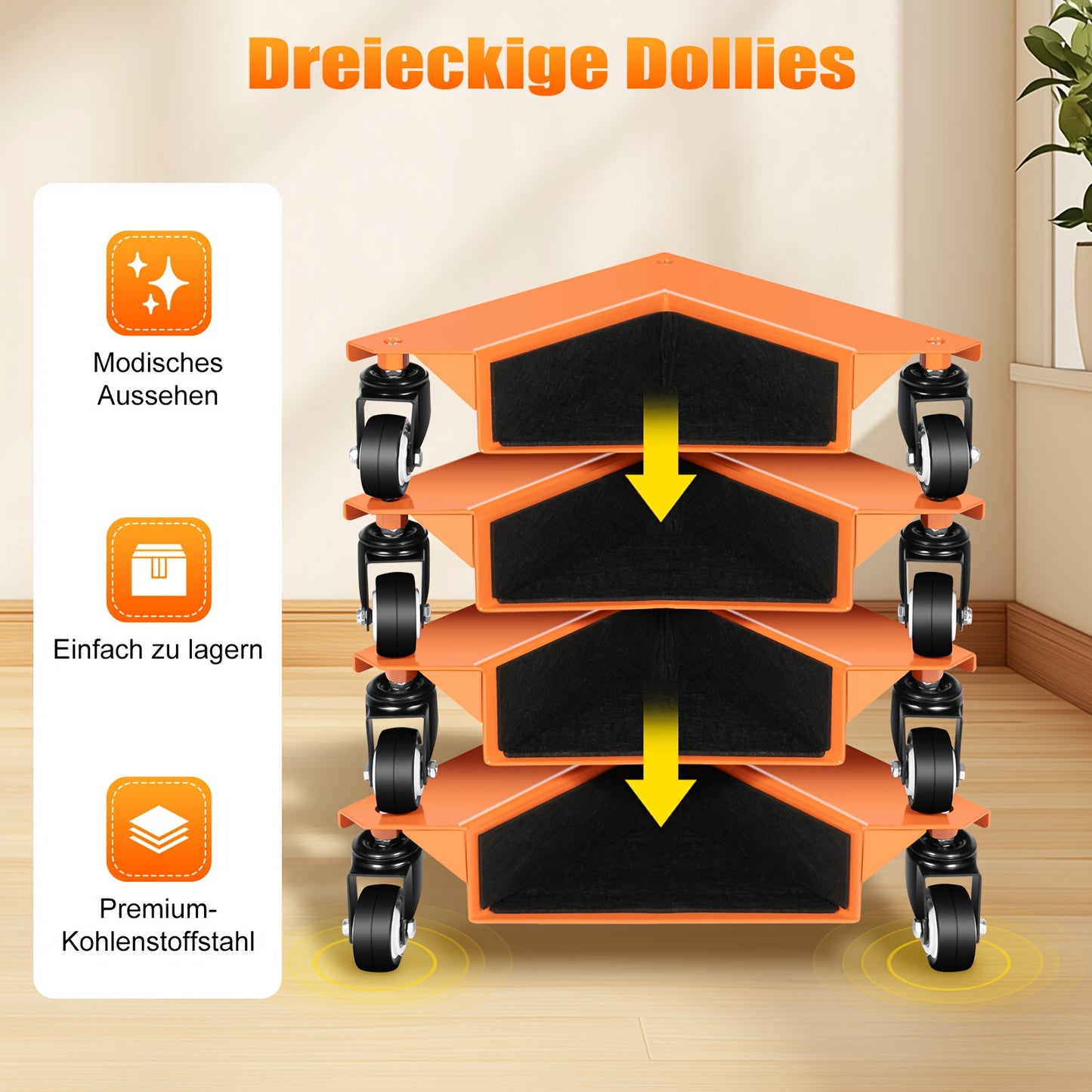 4pcs Heavy-Duty Corner Mover Dolly Set with Triangular Frame & 639.11 KG Capacity - All-Terrain Moving System with Locking Mechanism, Sturdy Carbon Steel Construction & PU Wheels for Pianos, Refrigerators, Cabinets, Washing M