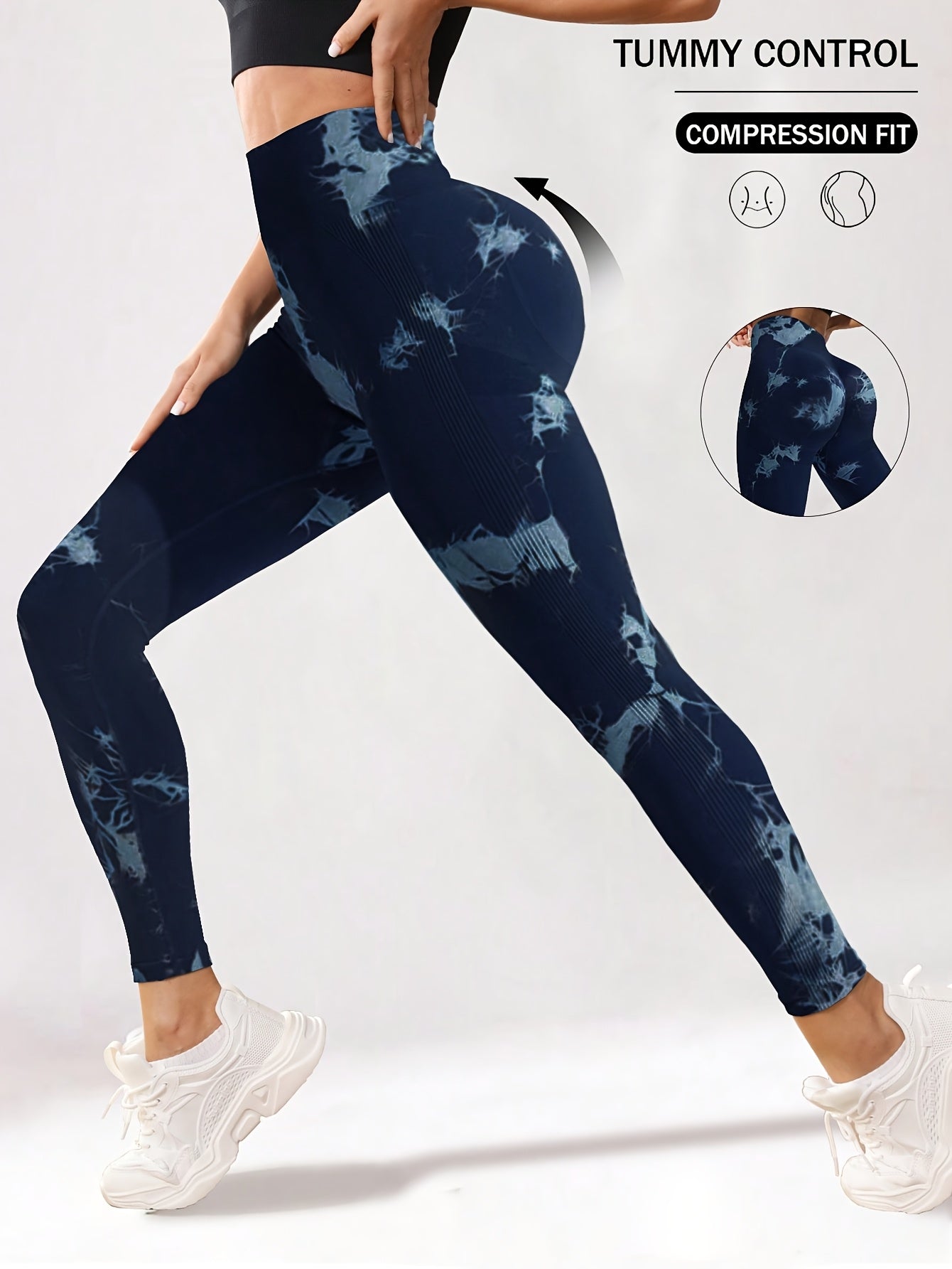 Women's High-Waisted Tummy Control Compression Leggings - Seamless Tight-Fit Gym Pants with Ombre Blue Tie-Dye Print, Full-Length Non-Sheer (Machine Washable, All-Season), for Women, Trendy, Stretchy Fabric, Wear, Lifestyle