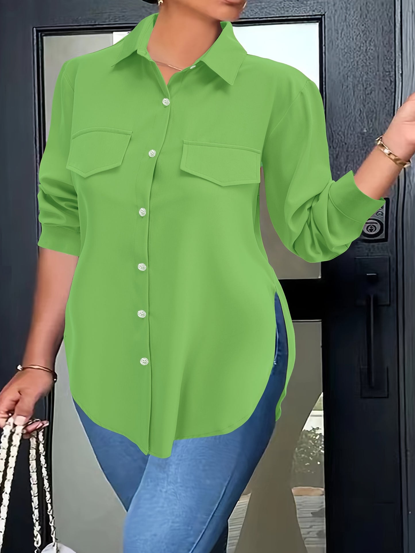 Plus Size Curved Hem Blouse, Casual Button Front Collared Blouse For Spring, Women's Plus Size Clothing