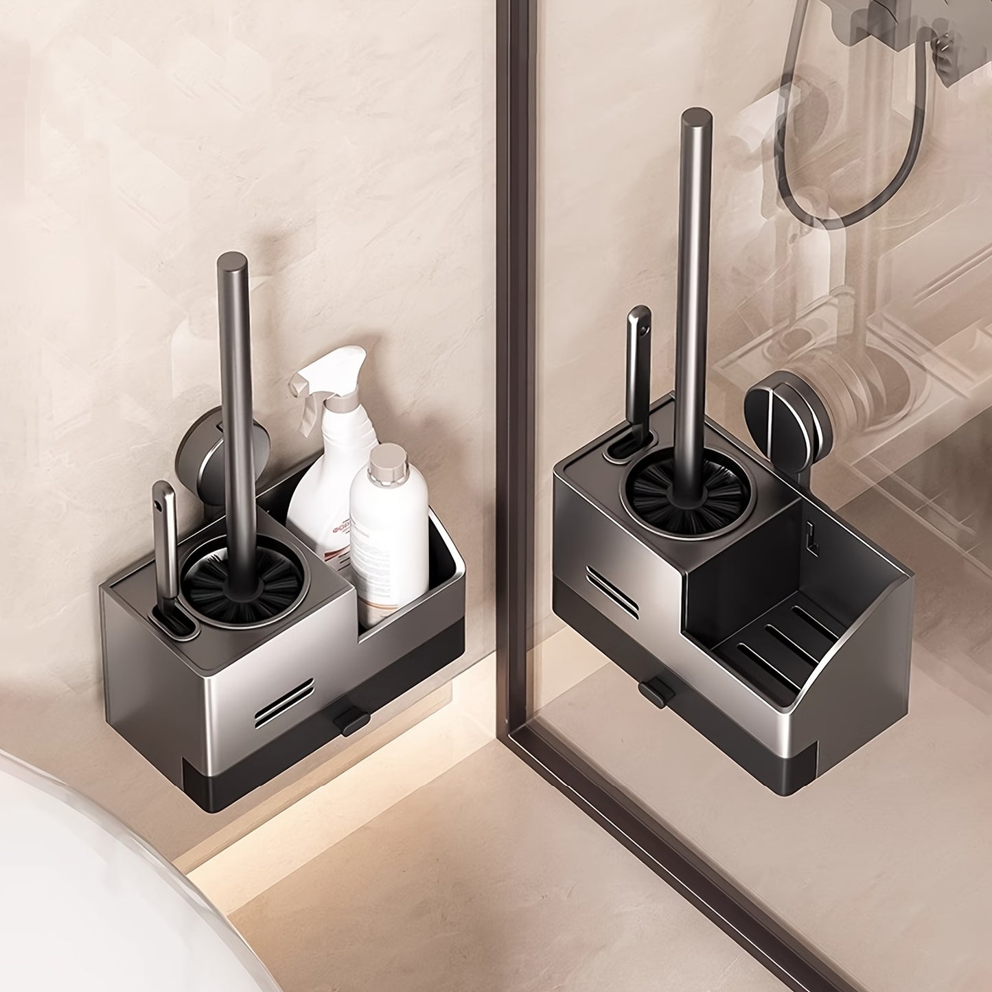 Vacuum Suction Cup Toilet Brush Wall-Mounted Set, 1 Style with 2 Options, Splashproof Base and Angled Head for Hard-to-Reach Areas - No Drilling Required Bathroom Storage Solution Universal Fit on Tiles & Glass