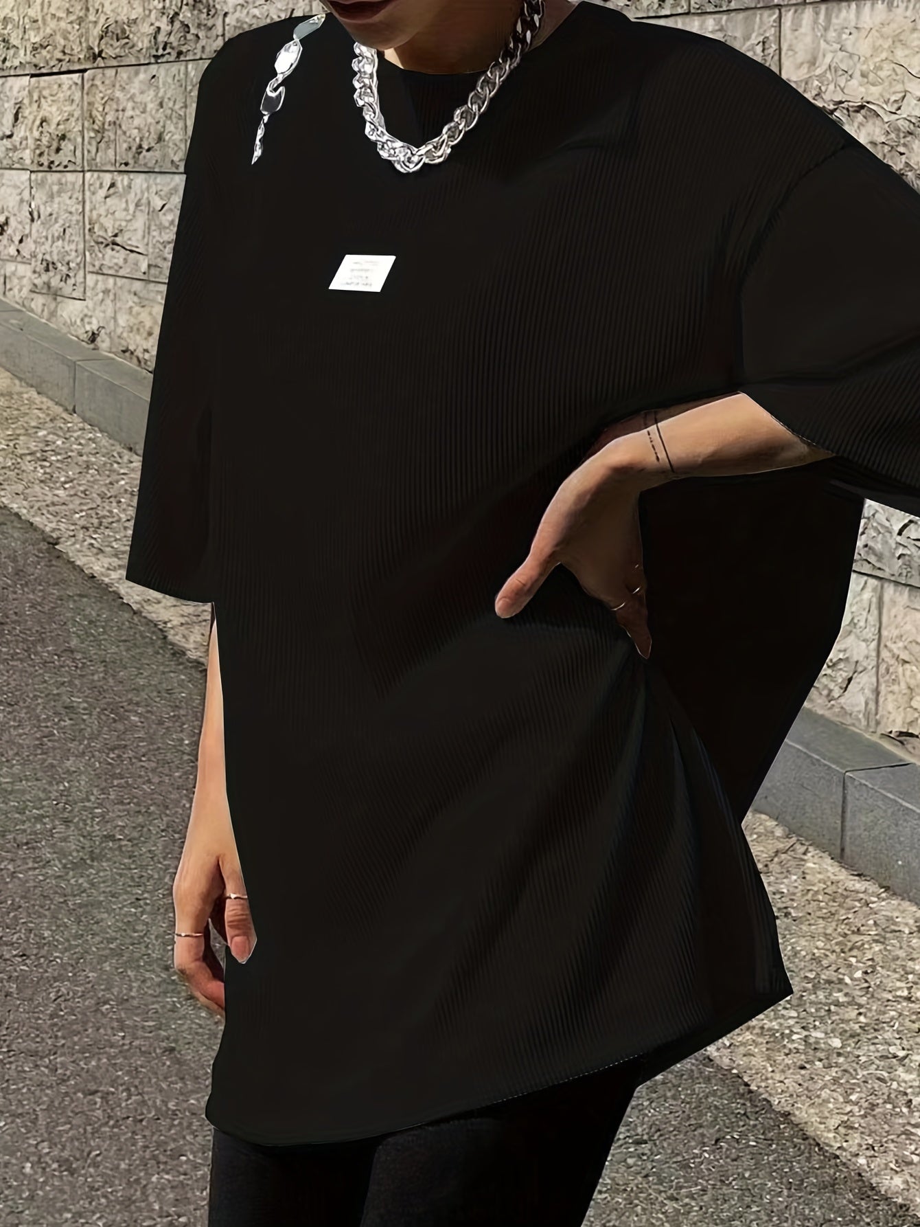Oversized Drop Shoulder Ribbed T-Shirt, Casual Crew Neck Short Sleeve T-Shirt For Spring & Summer, Women's Clothing