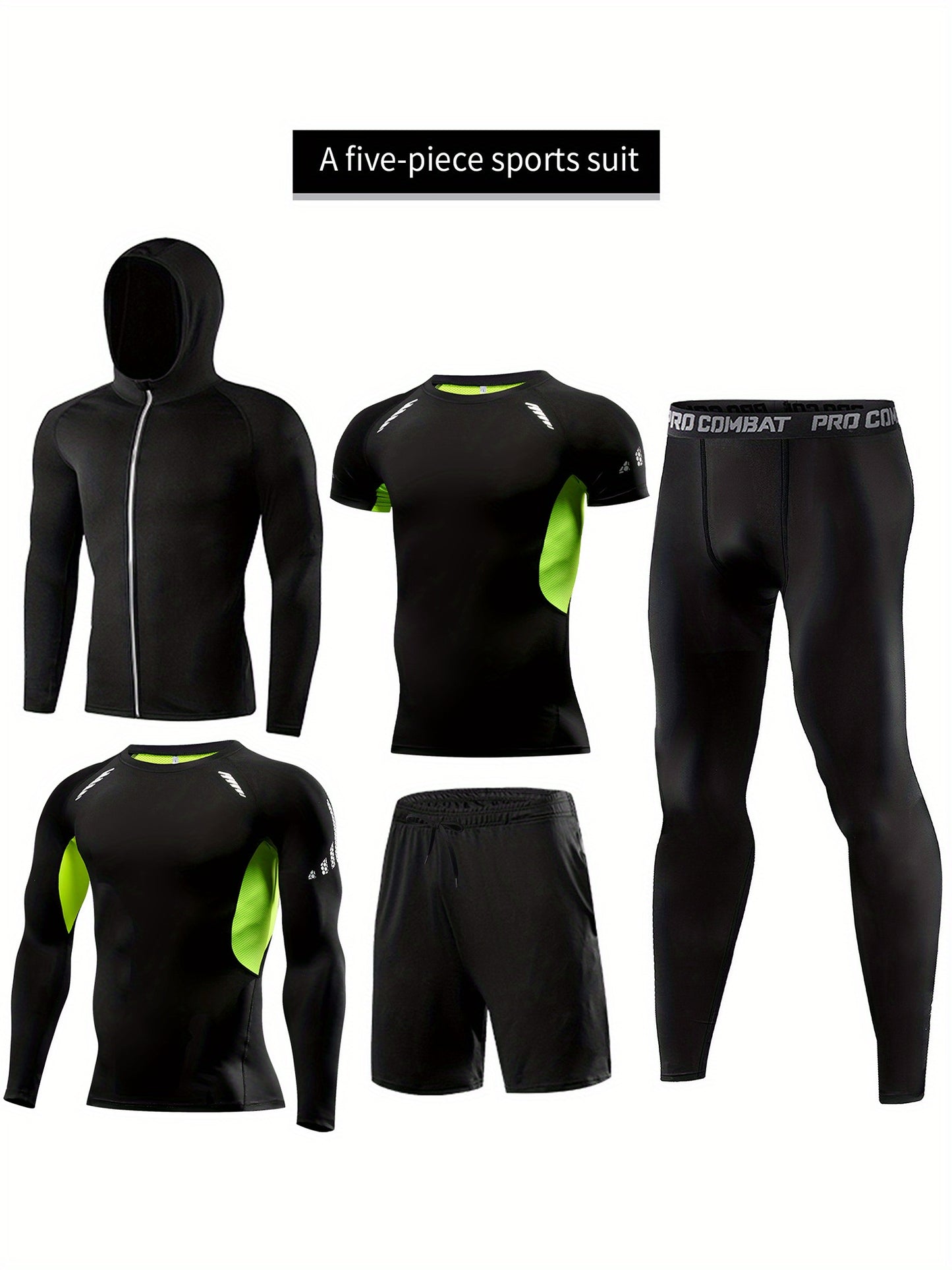 Xinso Prince 5pcs Men's Zip Up Hooded Jacket & Compression T-shirt & Long Sleeve Workout Top & Shorts & Leggings For Fitness