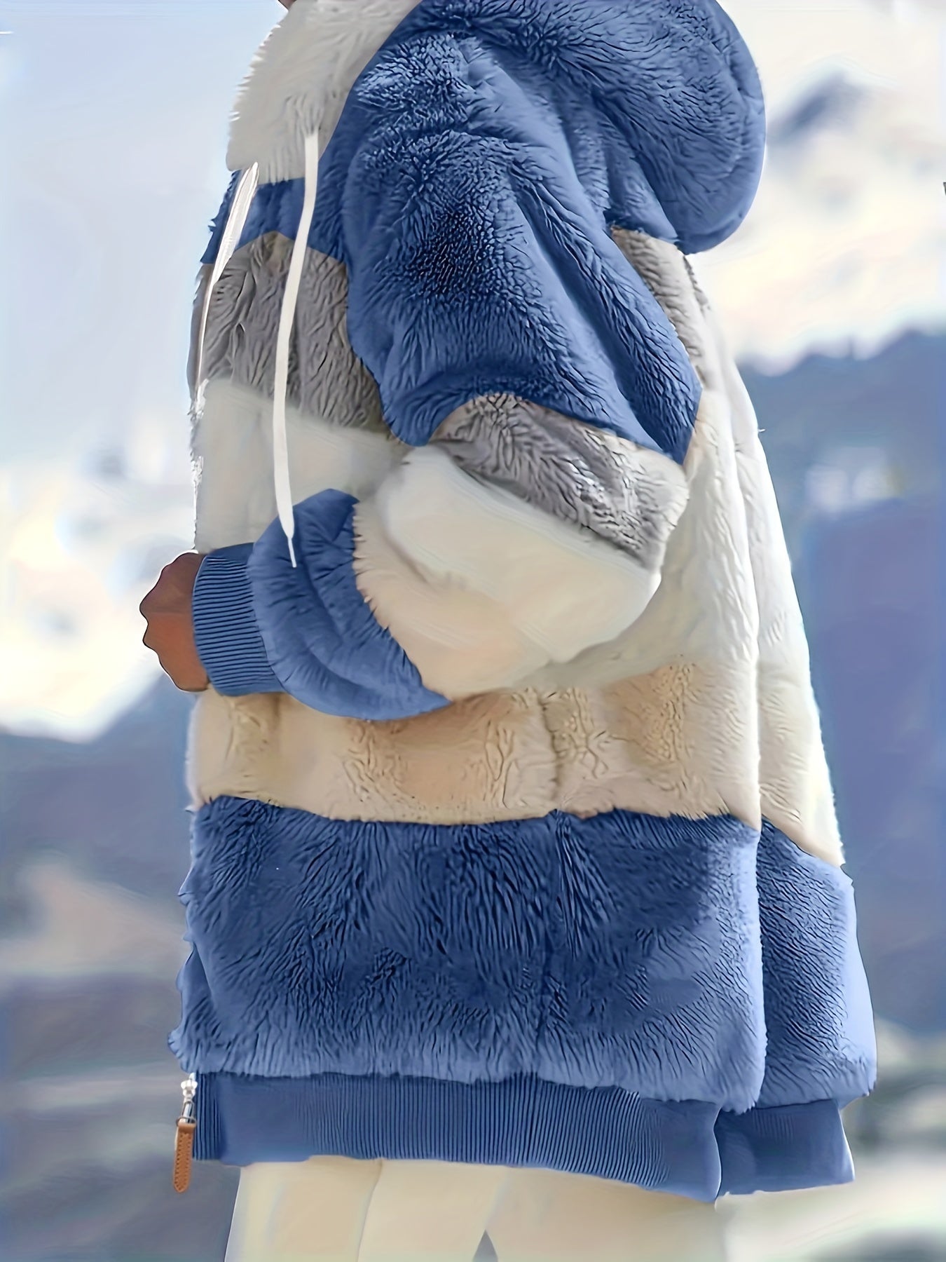 Women's Plush Faux Fur Hooded Jacket - Loose Fit Color Block Coat with Blue/Beige/White/Black Design, Long Sleeve Winter Warmth, Machine Washable for Casual & Formal Outfits, Ladies Winter Coats, Autumn Layering Piece, Formal