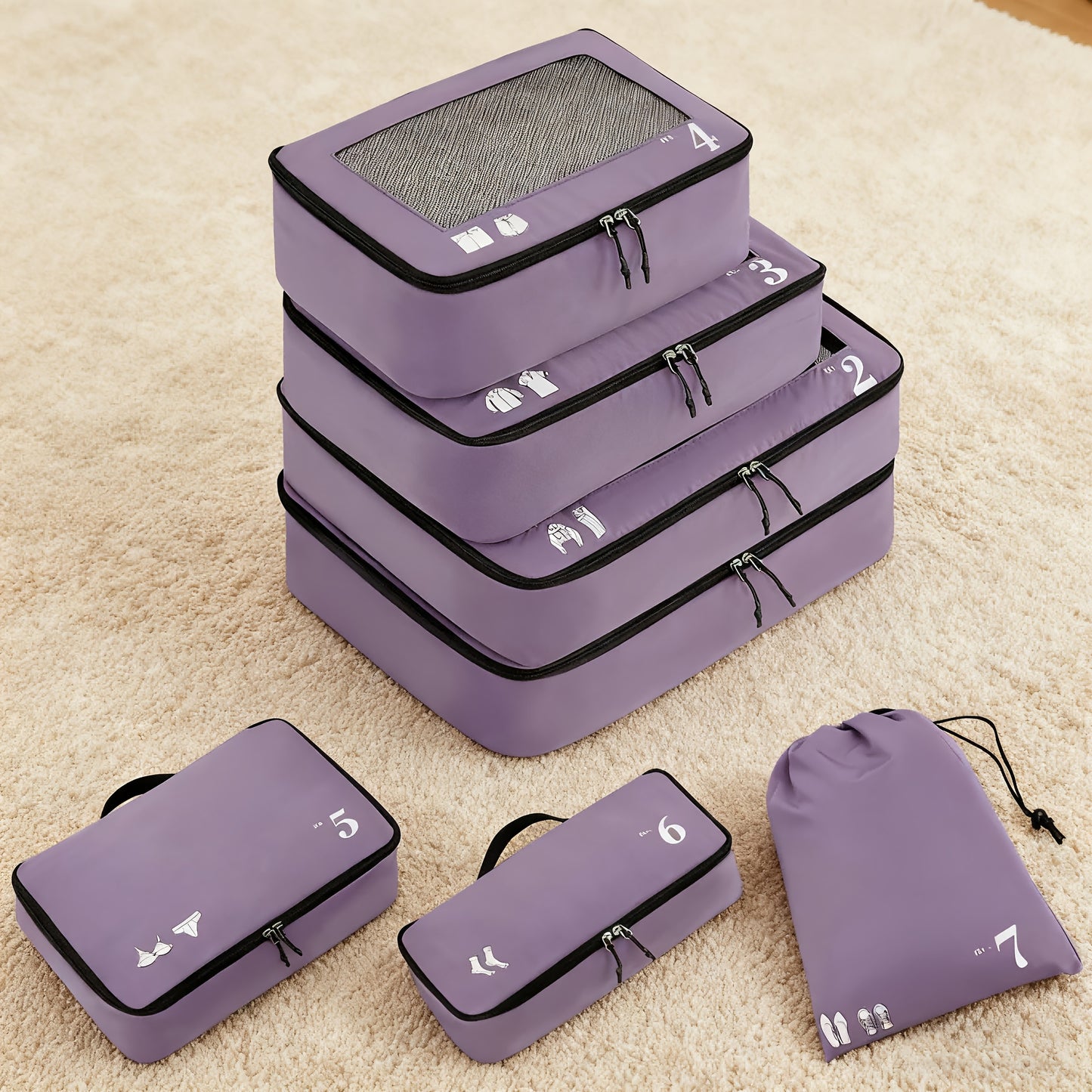 7pcs All-in-One Luggage Organizer Set with Shoe Bag & Laundry Pouch - Heavy-Duty Travel Packing Cubes, Zippered Compartments, Space-Saving Design for Suitcase, Backpack, Business Trip, Vacation, Camping - Machine Washable, Re