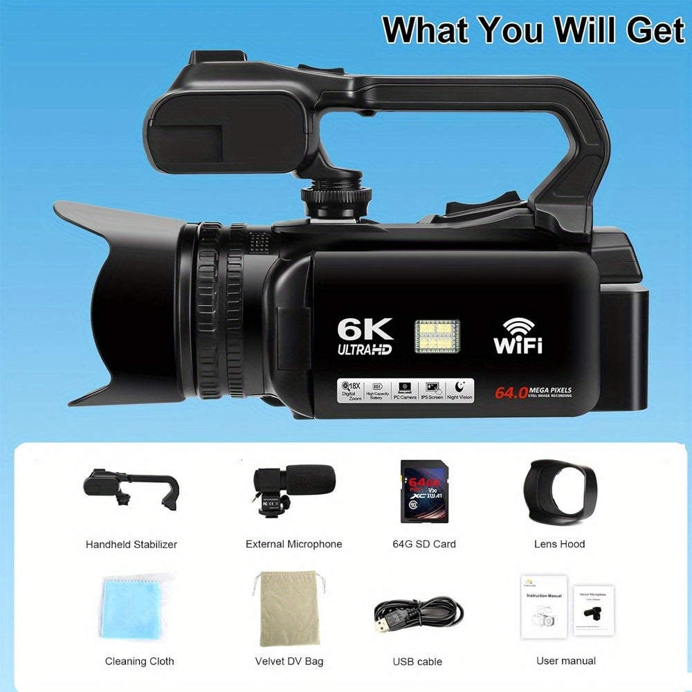 YISENCE 6K Camcorder Video Camera 64MP 18X Digital Zoom IR Night Vision Vlogging Camera for YouTube 10.16cm Touch Screen Digital Camera with WiFi, Microphone, Remote Control, Charger, Stabilizer and 64G SD Card