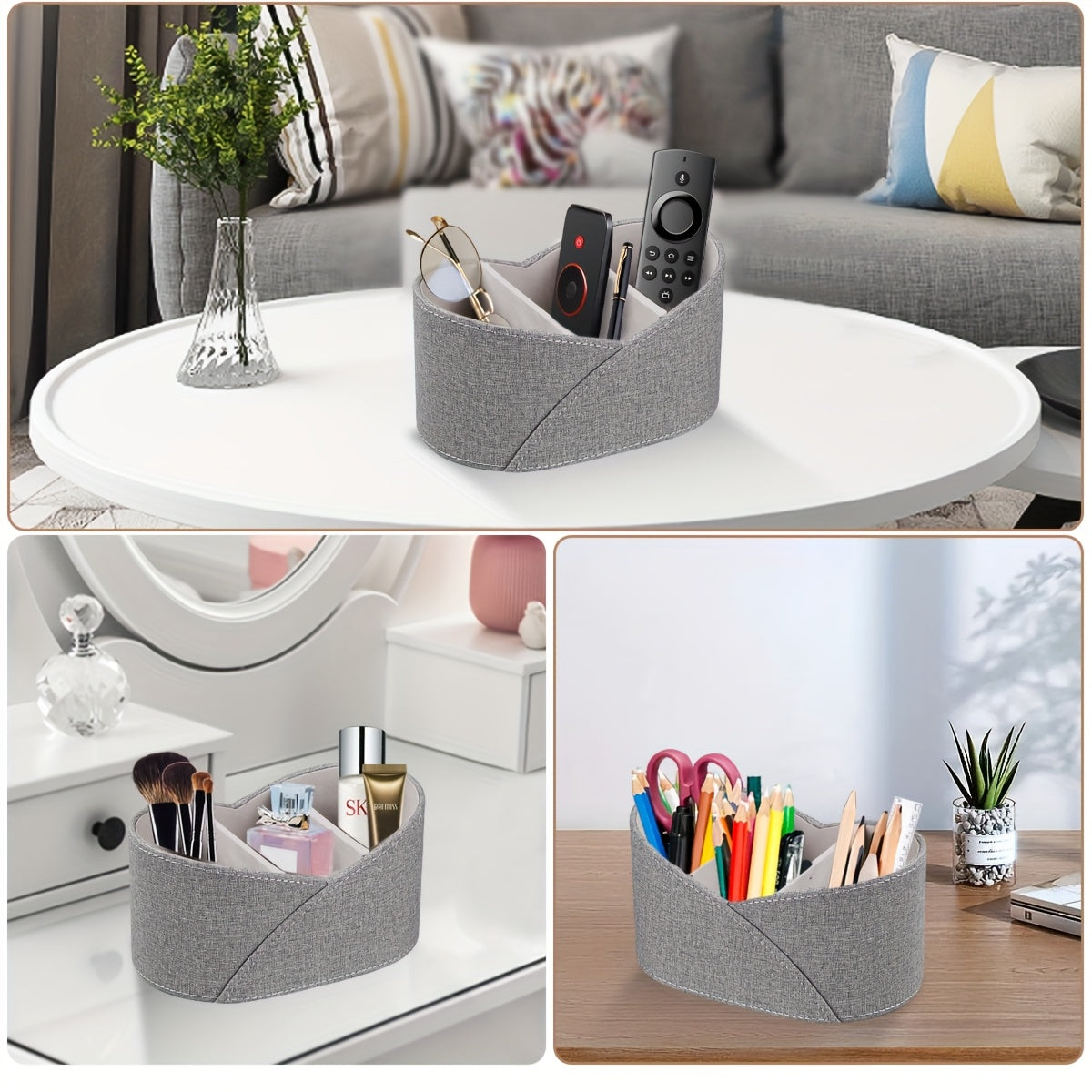 PU Leather Open Storage Box with 3 Compartments, Desktop Remote Control Holder/Makeup Organizer/Versatile Gray Storage Basket for Home Appliance Controllers, Cosmetics, Art Supplies, Stationery, Glasses, Office Supplies and A