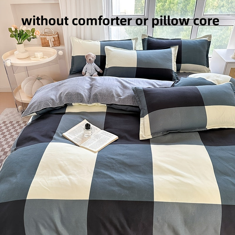 Soft and breathable 4pcs bedding set - Creative space plaid pattern, machine washable - includes sheet, duet and 2 pillowcases for all seasons - ideal for student dormitories, bedrooms and guest rooms