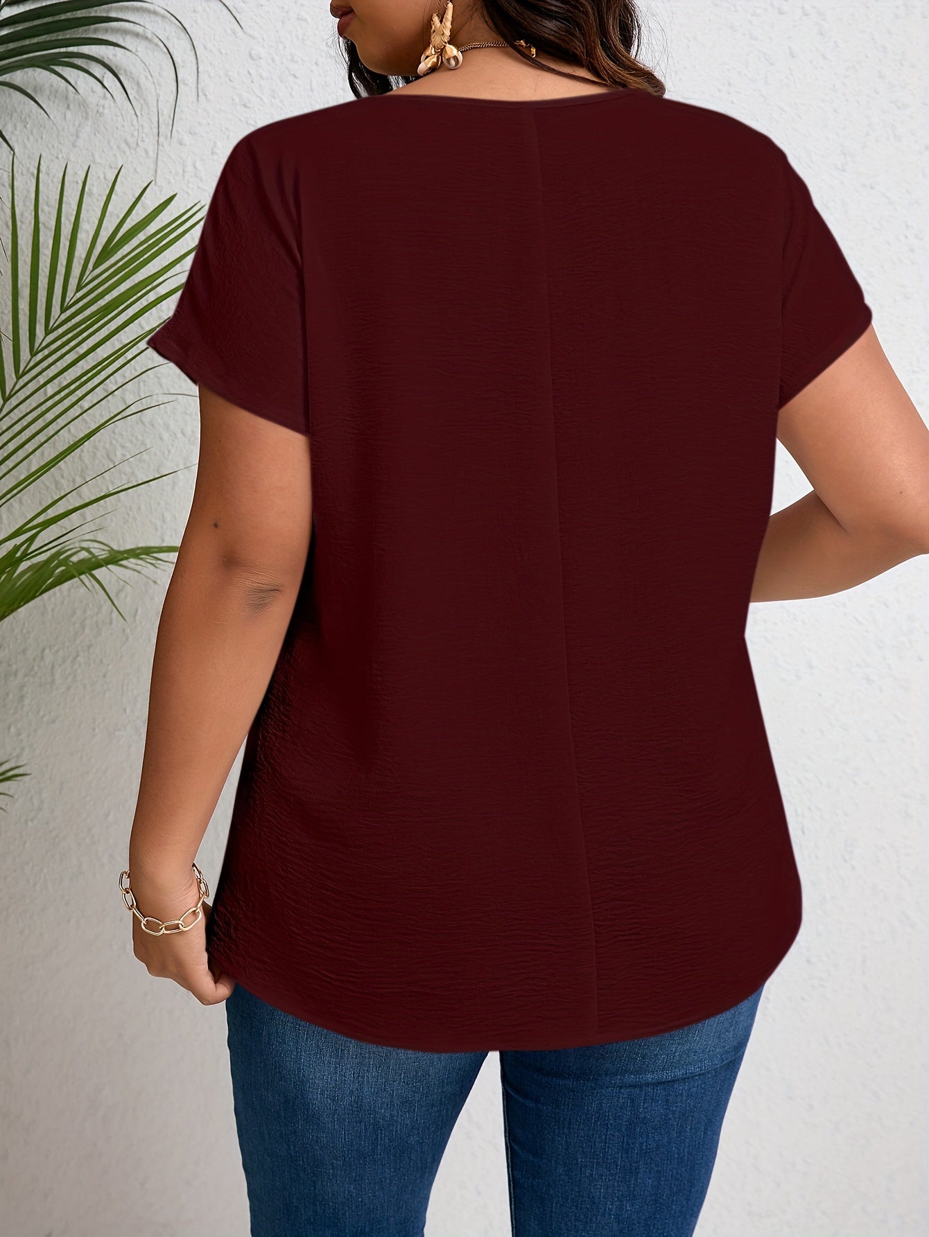 Women'S Plus Size Casual Top - Elegant Maroon Blouse with Contrast Lace Detail, Non-Stretch Fabric, Perfect for Spring/Summer/Fall, Plus Size Blouses