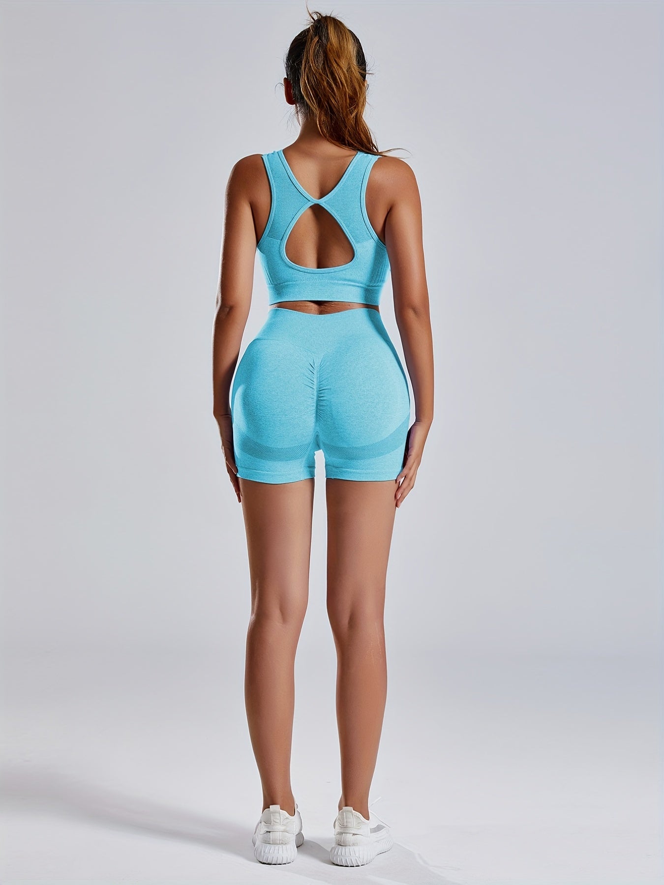 Women'S Seamless Sports Yoga Set, Summer New High Stretch Knit Fabric, Solid Color Polyamide 90% Elastane 10%, Short Length Fitness Gym Wear with Backless Bra and Butt Lifting Yoga Pants