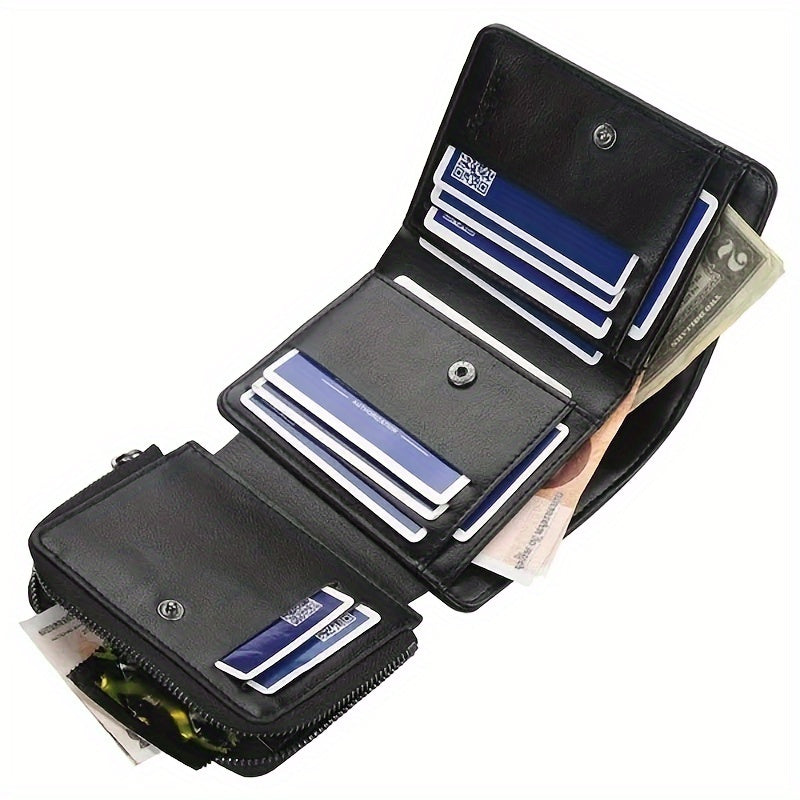 1pc Men's Short Multi-Card Slots Three-fold Zipper Coin Pocket Wallet Fashion Thin Card Bag Give Gifts To Men On Valentine's Day