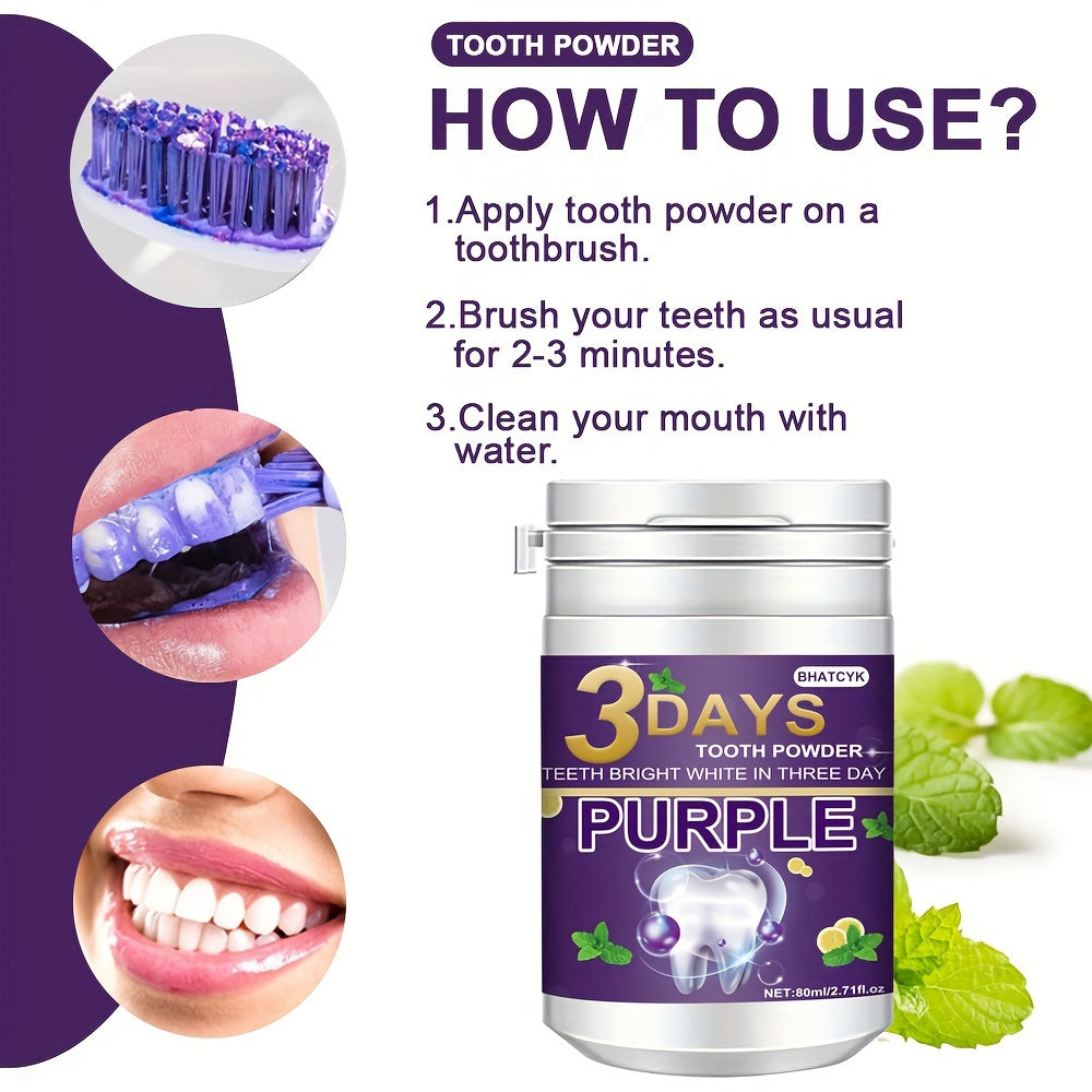 BHATCYK 3 Days Purple Teeth Whitening Powder, Fresh Mint Flavor, 80ml/2.71oz, Teeth Polishing and Deep Cleaning Powder for Brighter Smile, Suitable for Daily Use and Travel