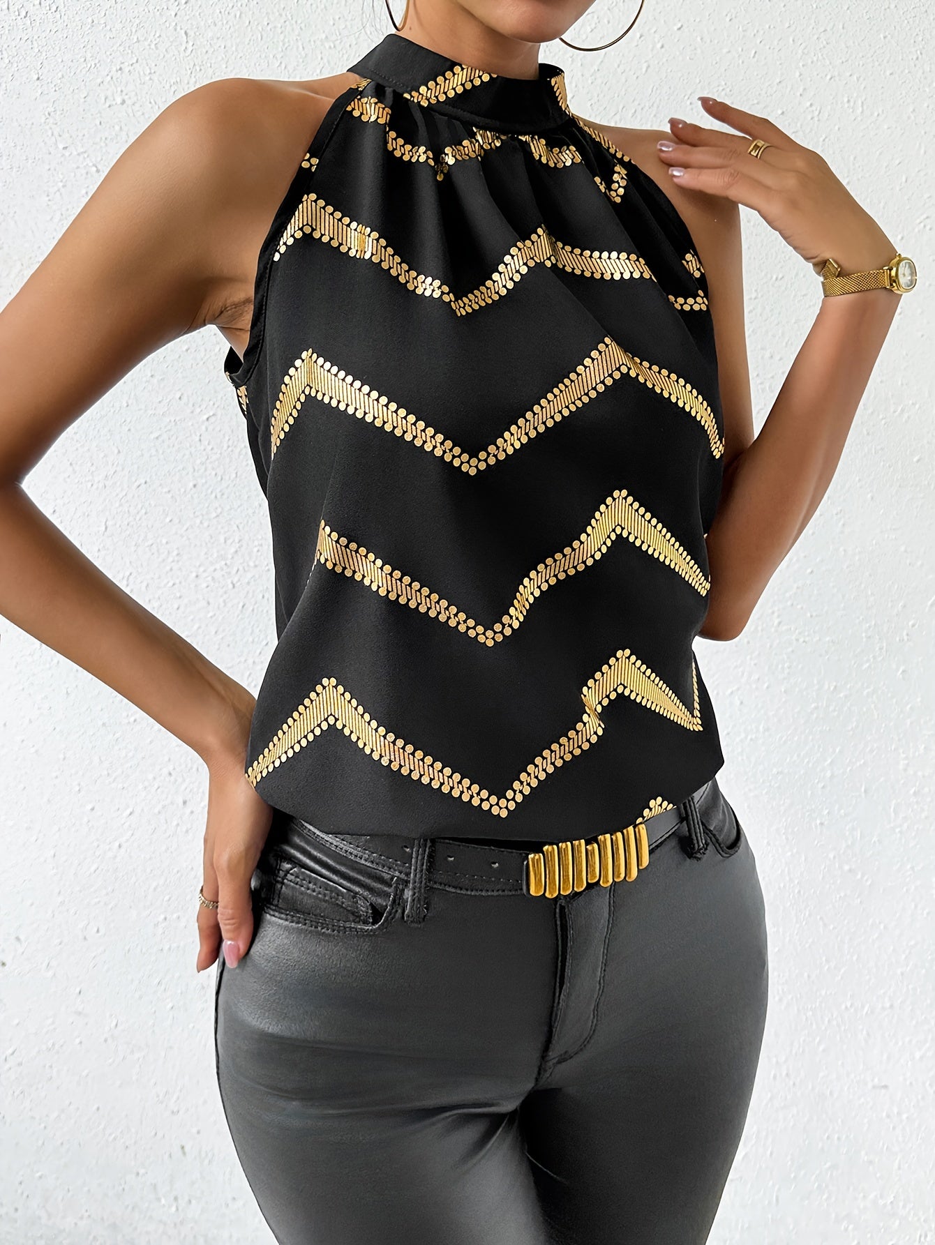 Graphic Print Tie Neck Blouse, Elegant Sleeveless Blouse For Spring & Summer, Women's Clothing