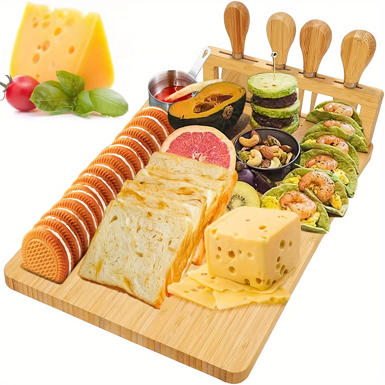 1 Set, Bamboo Cheese Board, Cheese Tray With 4 Cheese Knfie Set, Charcuterie Board And Serving Plate, Cheese Knife, Cheese Slicer, Cheese Fork, Kitchen Cooking Tools, Bamboo Cutting Board, Wood Cheeses Boards, Kitchen Stuff