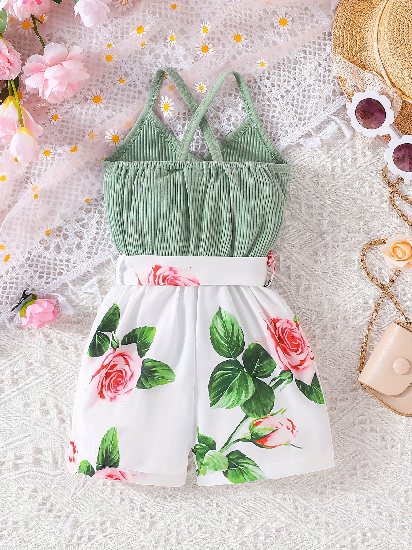 Girls' Summer Casual Floral Print Off-Shoulder Jumpsuit with Adjustable Waist Belt - Lightweight Breathable Shorts for Outdoor Play & Daily Wear, Blue & White Flower Design, Perfect for Weekend Outings, Cute Outfits for Girls