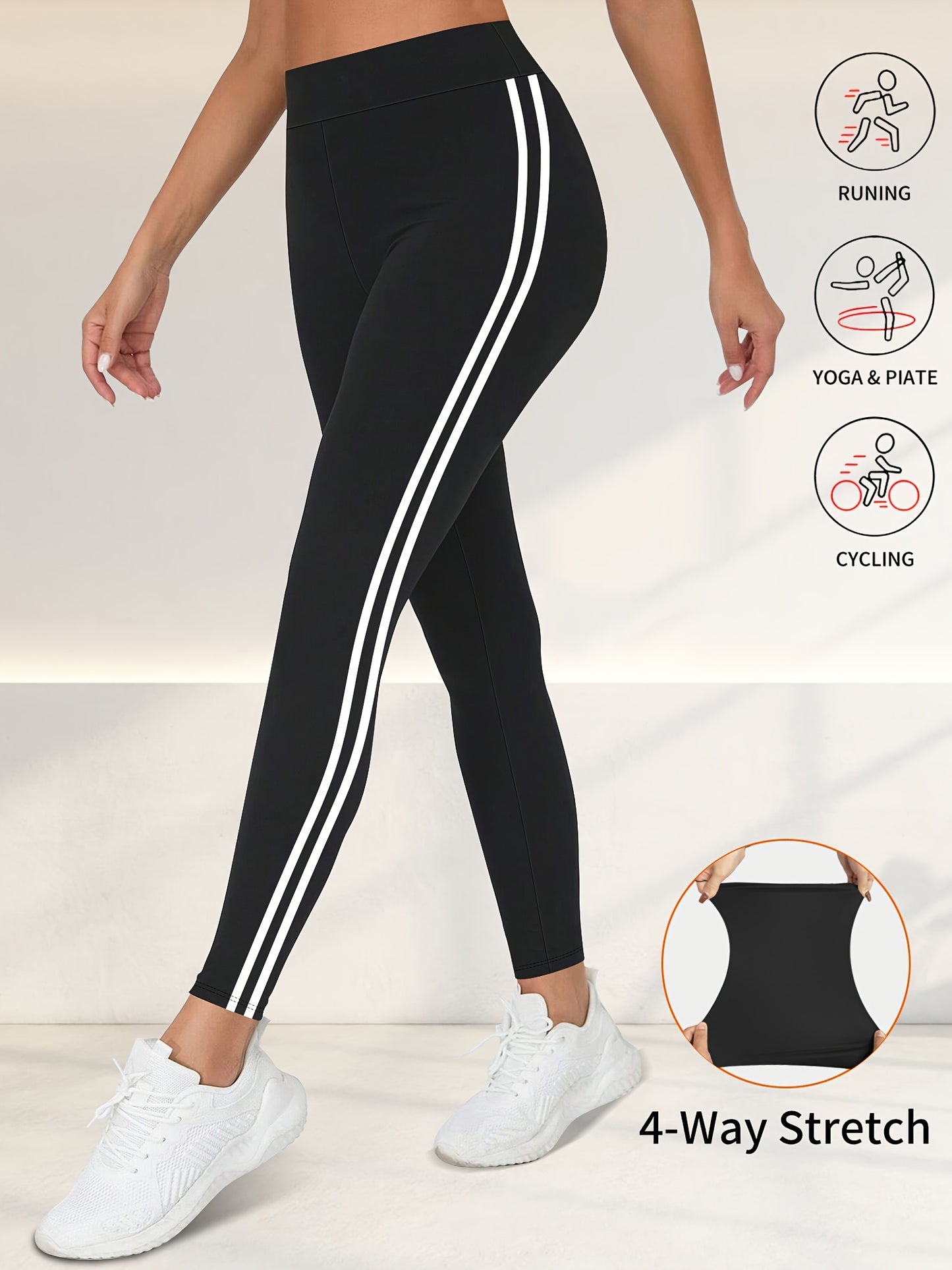 Women'S High-Waisted Black Side Stripe Leggings - Compression Fit, 4-Way Stretch, Crop Length, Sports Pants for Fitness and Casual Wear, Athletic Wear|Side Stripe Leggings|Compression Fit Leggings