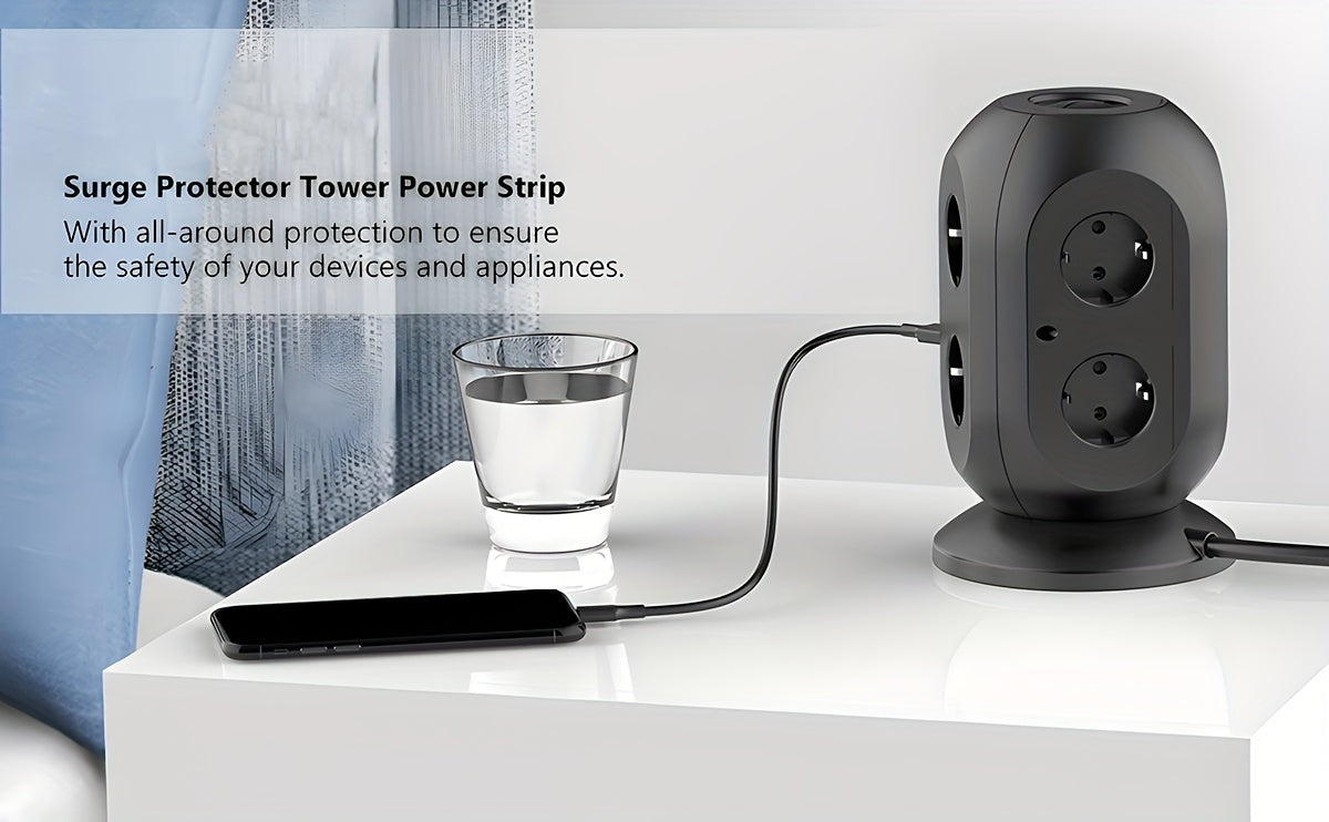 12-way power strip with 4 USB, multi-socket tower, 1.8m extension cable, power strip with double for Switch, desktop socket tower surge protection for garden, office, kitchen