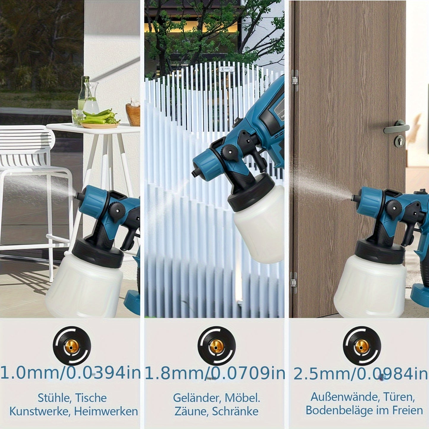 Fence Paint Sprayer with 2x 3000mAh Lithium Ion Batteries, HVLP Cordlss Paint Sprayer Compatible with Makita 18V Battery, 1000ml Tank 4 Nozzles And 2 Cleaning Tools, 3 Patterns Battery Spray Gun Paint Sprayer for Walls And Ce