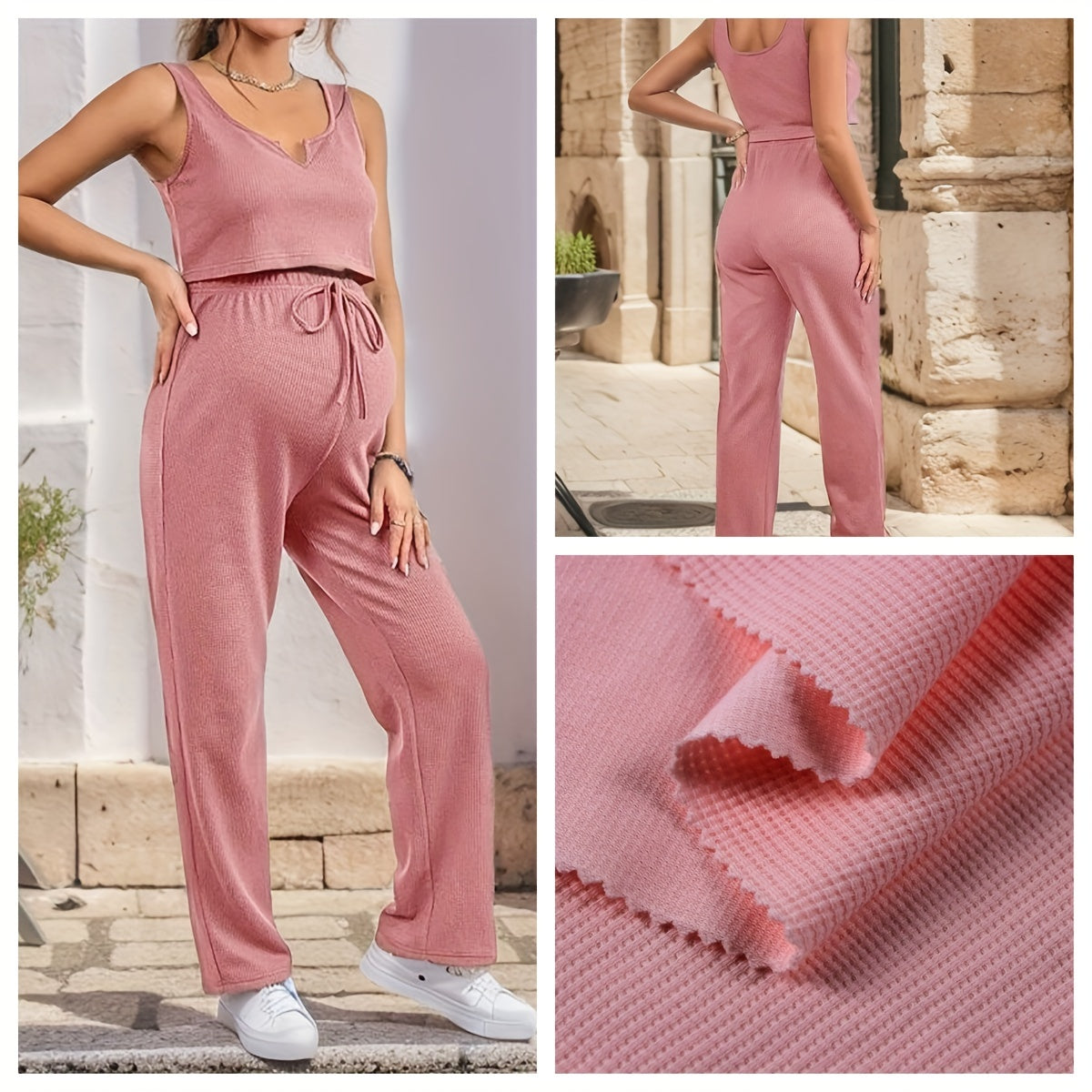 2pcs Pregnant Women's Casual Set, Comfy Sleeveless Shirt & High Waist Tummy Support Drawstring Maternity Pants For Outdoor