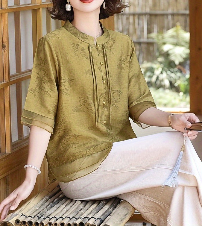 Women'S Elegant Summer Blouse with Floral Pattern - Short Sleeve, Mandarin Collar, Loose Fit, Light Olive Green, Perfect for Casual Attire, Casual Attire Blouse | Floral Pattern Top | Mandarin Collar Shirt