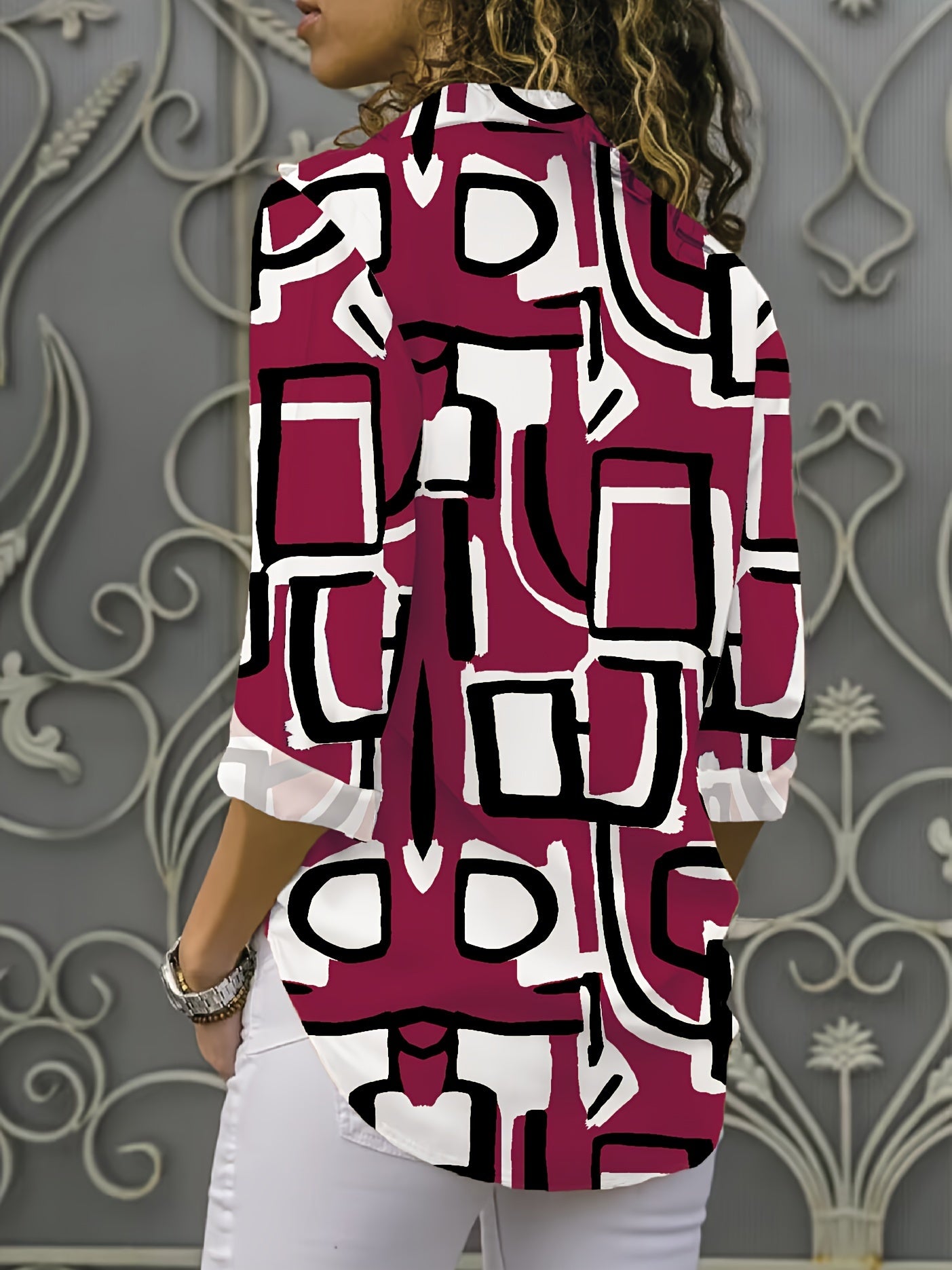 Geo Print Button Front Shirt, Casual Long Sleeve Blouse For Spring & Fall, Women's Clothing