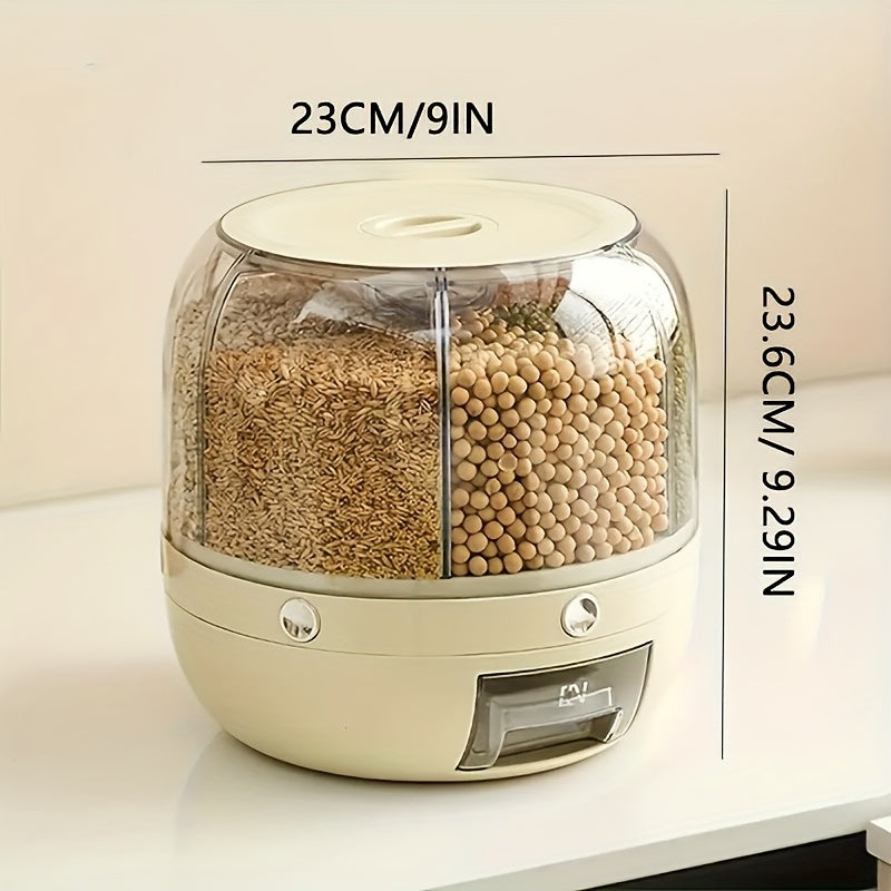 360° rotating partitioned rice bucket, rotatable home-use pest and moisture-proof multi-functional sealed rice storage box, classified grain and bean storage
