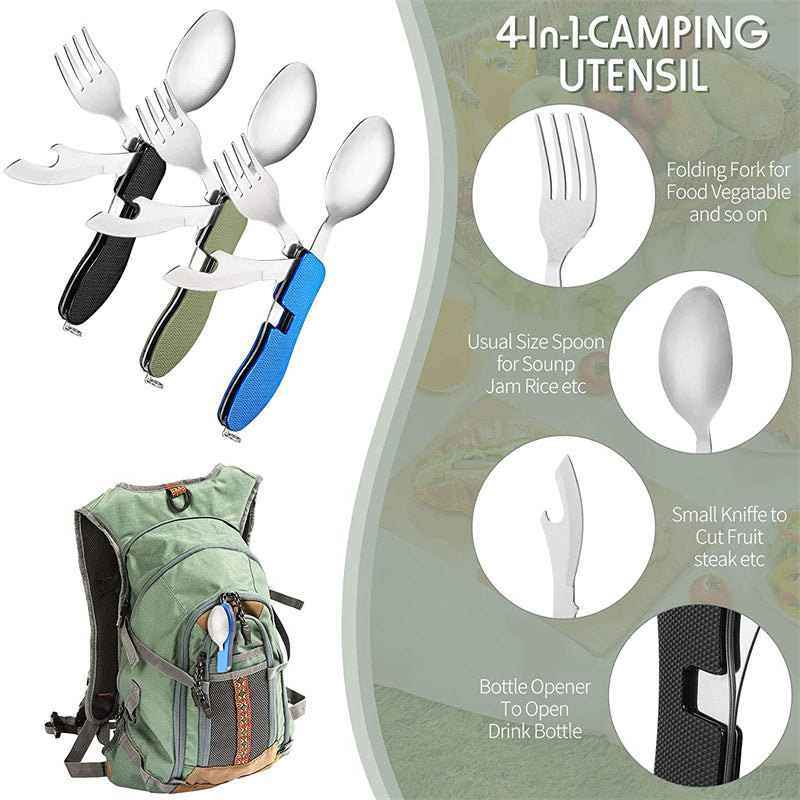 Stainless Steel 4-in-1 Outdoor Tableware Set with Folding Spoon, Fork, Knife, and Bottle Opener - Perfect for Camping, Picnics, Hiking, and Travel