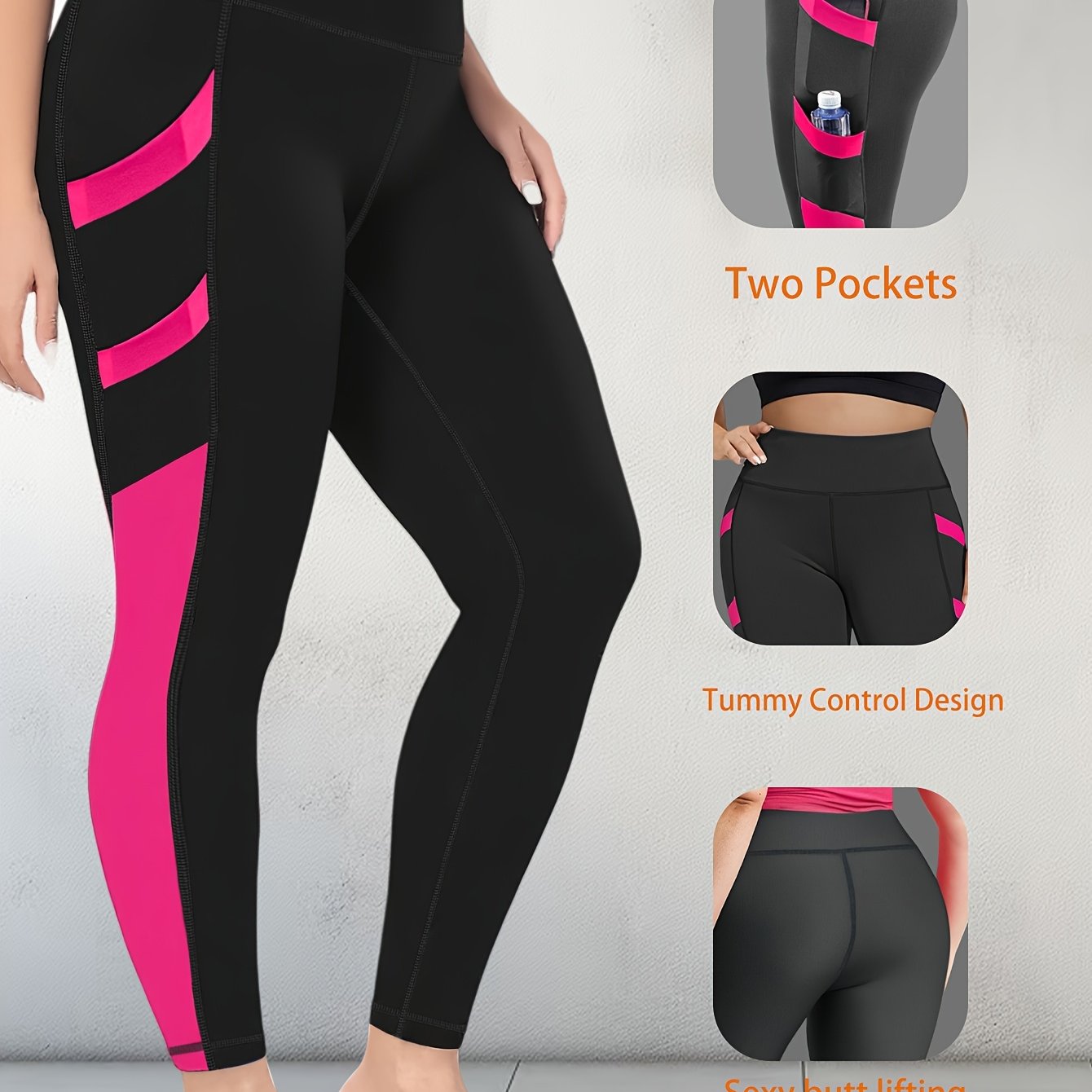 Plus Size Women's High-Waisted Tummy Control Yoga Leggings - 4-Way Stretch Workout Pants with 4 Side Pockets, Butt-Lifting Posture & All-Season Wear for Gym, Running, - Non-Sheer Opaque Fitness Pants (Black/Grey)