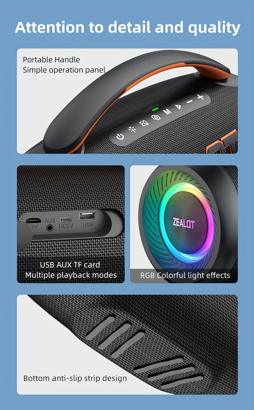 ZEALOT 60W Subwoofer Speaker, Wireless Speaker with Handle, 8000mAh Battery, Easy to Carry, RGB Lights, EQ Mode, TWS Pairing, Booming Bass. IPX5 High Quality, Great for Parties And Gatherings. for Home, Car, Camping-ZEALOT P1