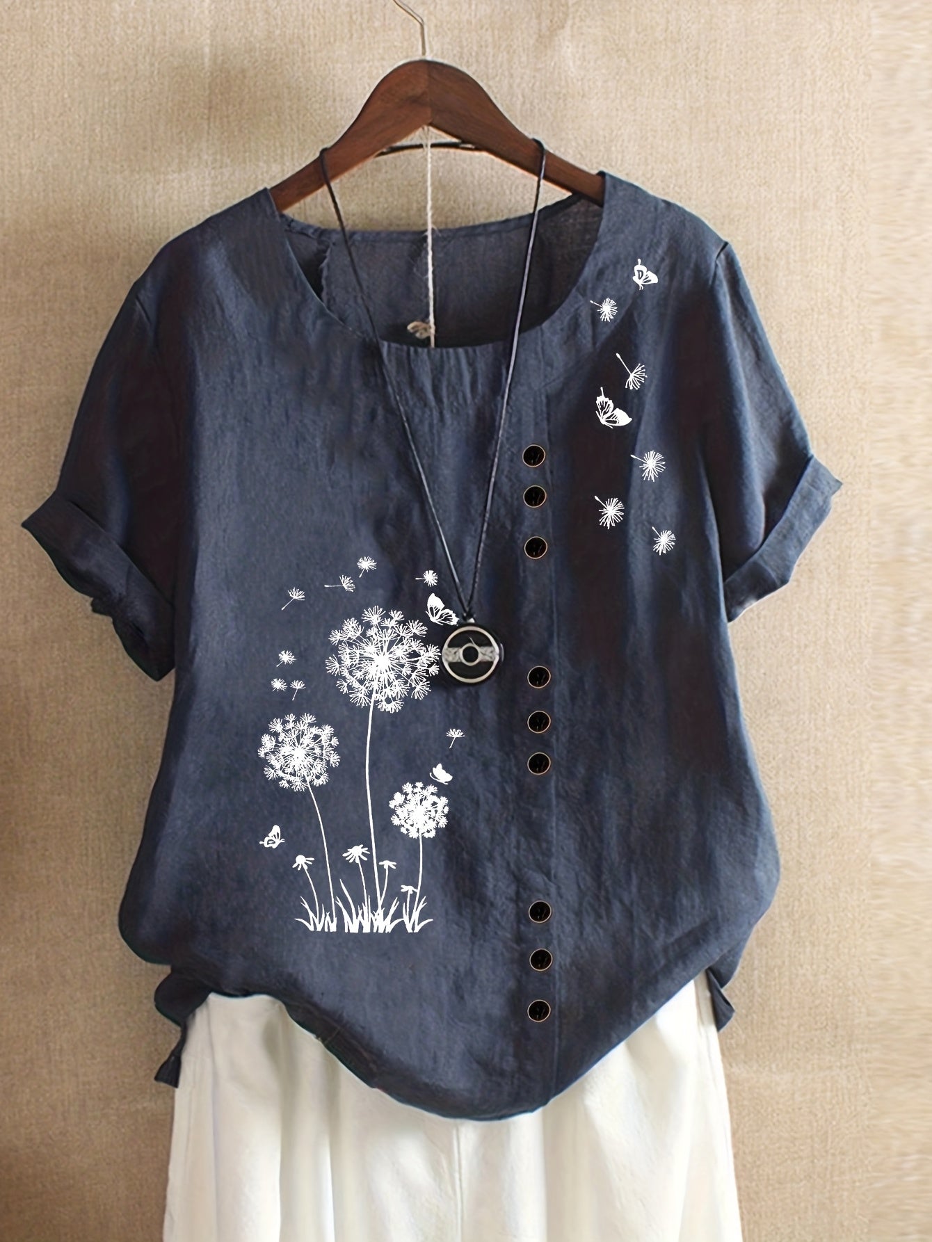 Dandelion Print Button Decor T-Shirt, Casual Crew Neck Short Sleeve T-Shirt For Spring & Summer, Women's Clothing