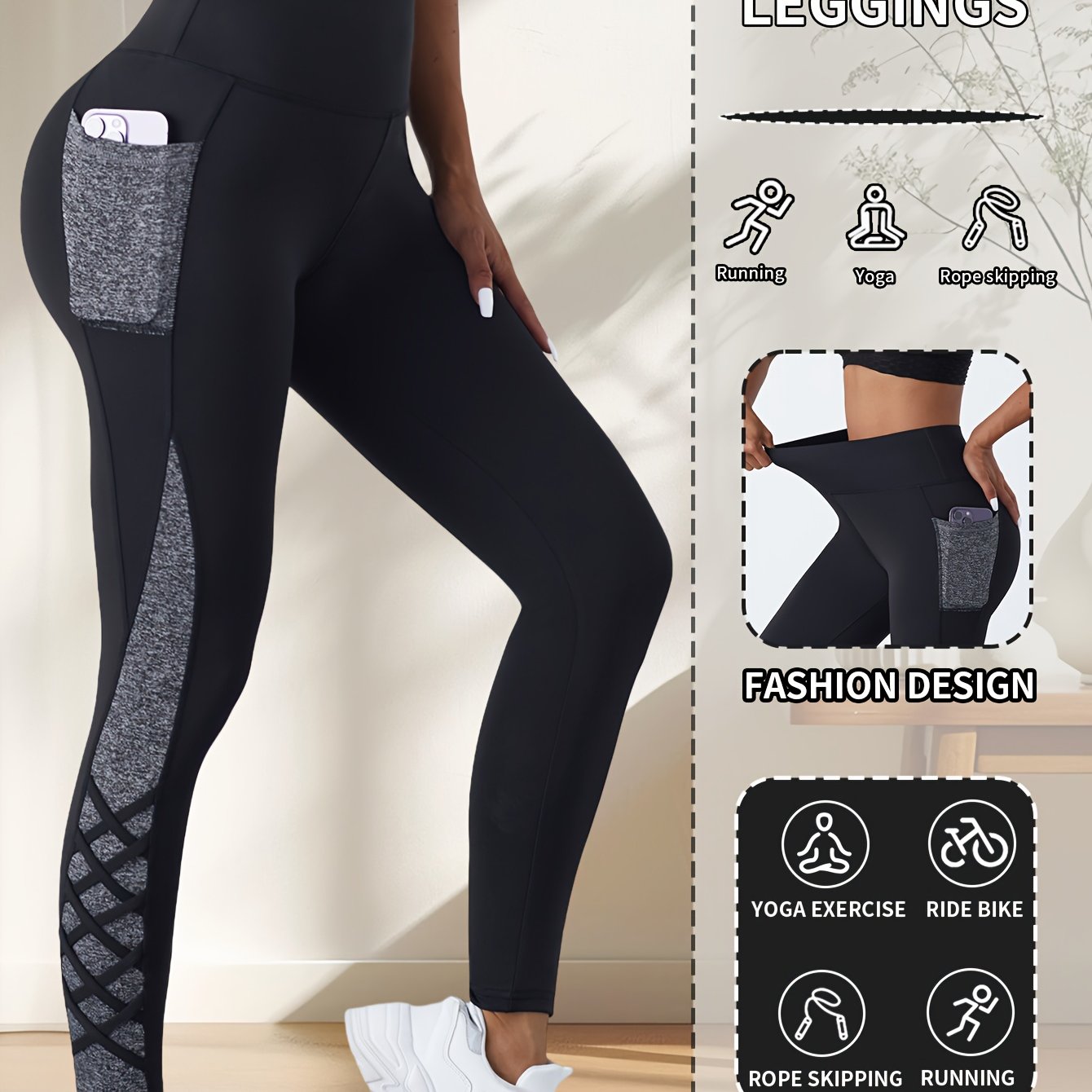 Women's High-Waisted Yoga Pants - Non-See-Through Workout Leggings with Side Pocket, Stretchy Gym Running Pants for Pilates, Cycling, Everyday - Machine Washable Athletic Bottoms (Black/Blue)