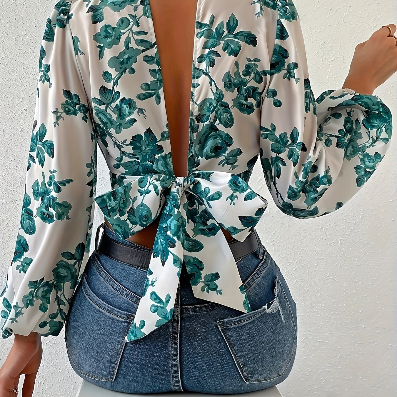 Floral Print Tie Back Crop Blouse, Elegant Lantern Sleeve Cut Out Blouse For Spring & Fall, Women's Clothing