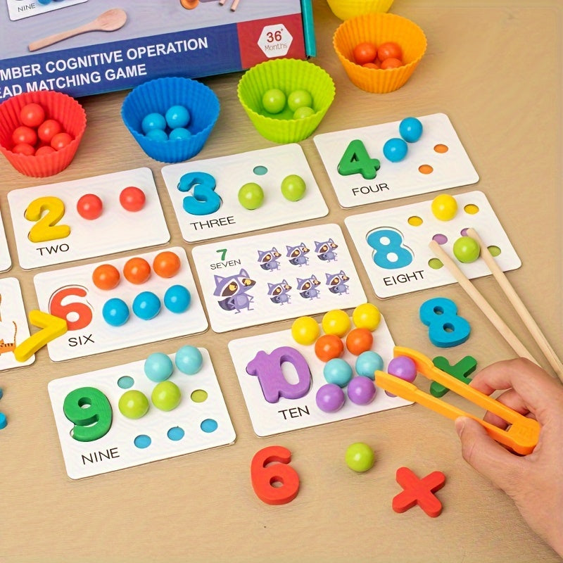 Wooden Number Counting Game for - Educational Preschool Math Learning Toy with Colorful Beads, Matching Cards and Clipping Tweezers for Cognitive Skills Development, Age 3+