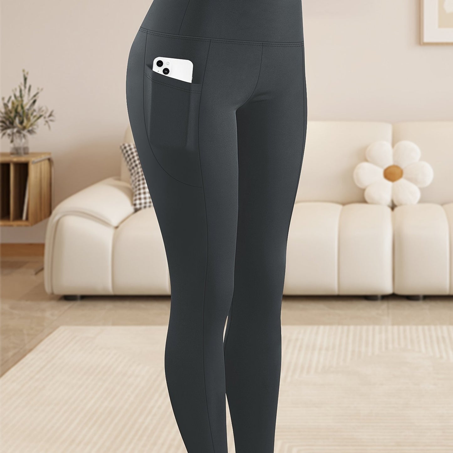 Women'S Plus Size High Waist Tummy Control Leggings with Side Pockets, 88% Polyester 12% Elastane, Knit Fabric, Stretchy Cropped Yoga Pants for Running & Fitness, All Season Solid Color Athletic Skinny Pants