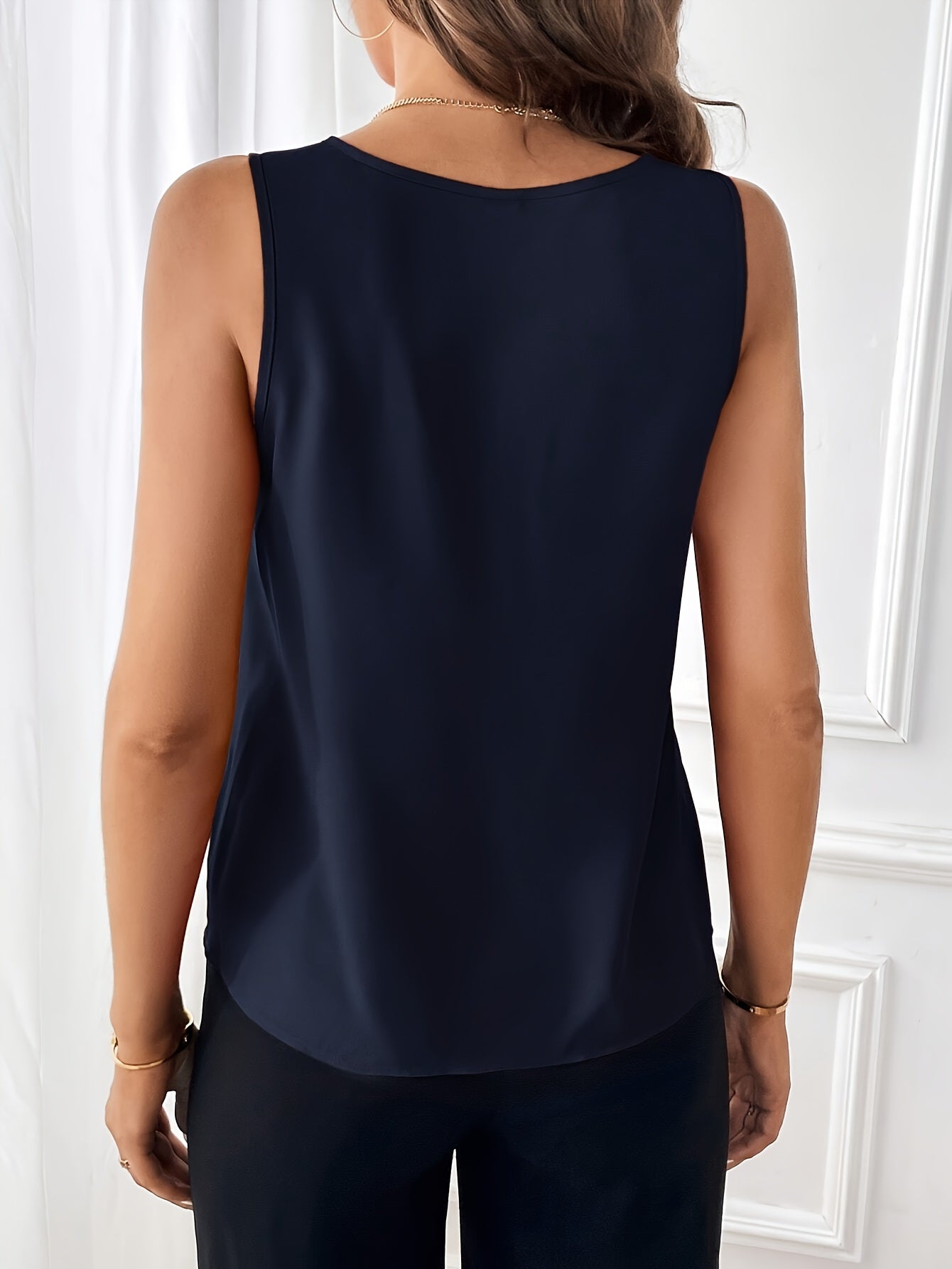 Solid Color V Neck Blouse, Casual Sleeveless Button Detail Tuck Top For Spring & Summer, Women's Clothing