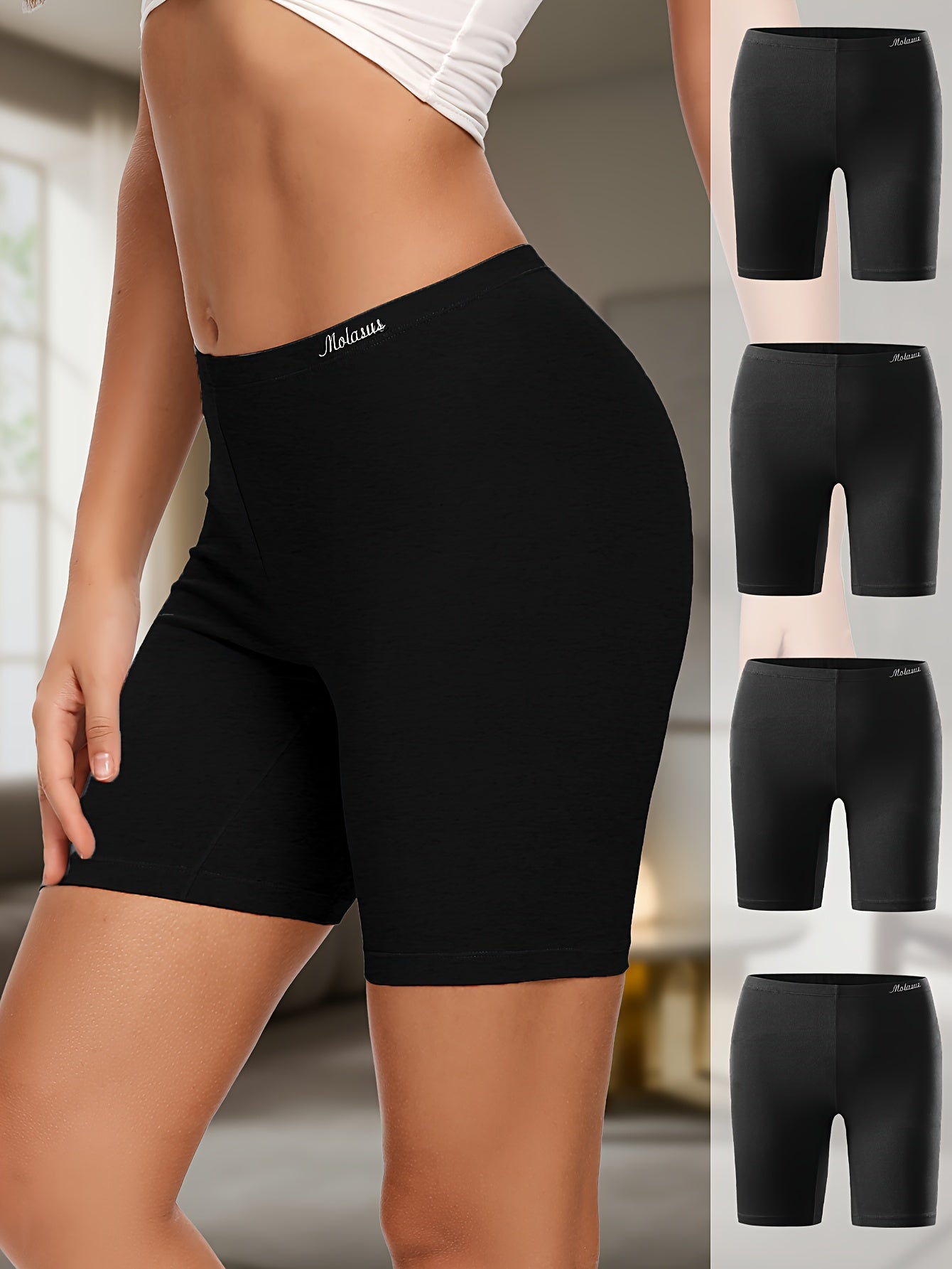 Women's Cotton Boyshorts Underwear 4-Pack - Comfortable Full Coverage Boxers, Knit Fabric, Solid Color, Simple Style, 95% Cotton 5% Spandex