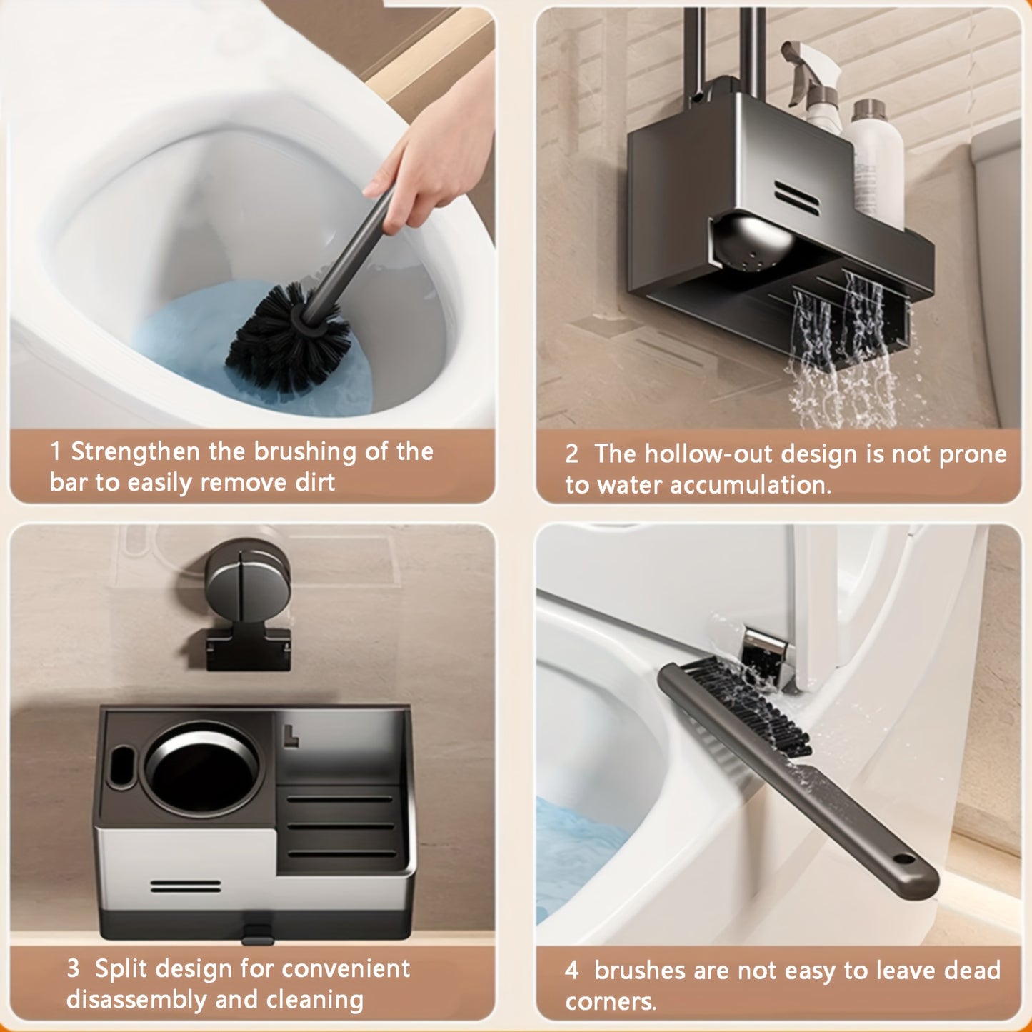 Vacuum Suction Cup Toilet Brush Wall-Mounted Set, 1 Style with 2 Options, Splashproof Base and Angled Head for Hard-to-Reach Areas - No Drilling Required Bathroom Storage Solution Universal Fit on Tiles & Glass