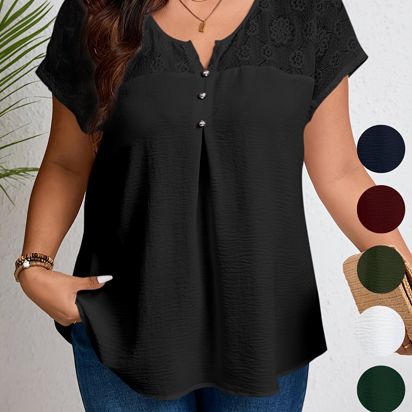 Women'S Plus Size Casual Top - Elegant Maroon Blouse with Contrast Lace Detail, Non-Stretch Fabric, Perfect for Spring/Summer/Fall, Plus Size Blouses