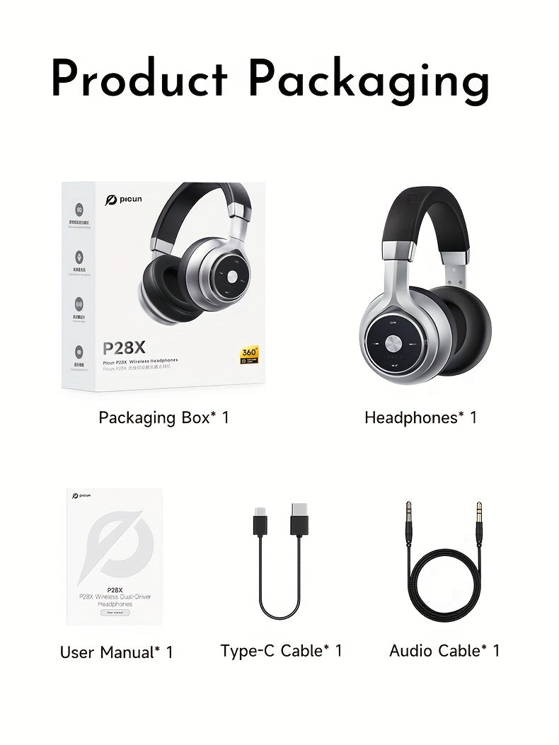 Picun Wireless Over-Ear Headphones, HiFi Stereo, Deep Bass, Foldable Design, 30-Hour Battery, Built-in Mic. Lightweight Brown Leatherette Finish, Perfect for Gaming, PC, and On-the-Go Use.