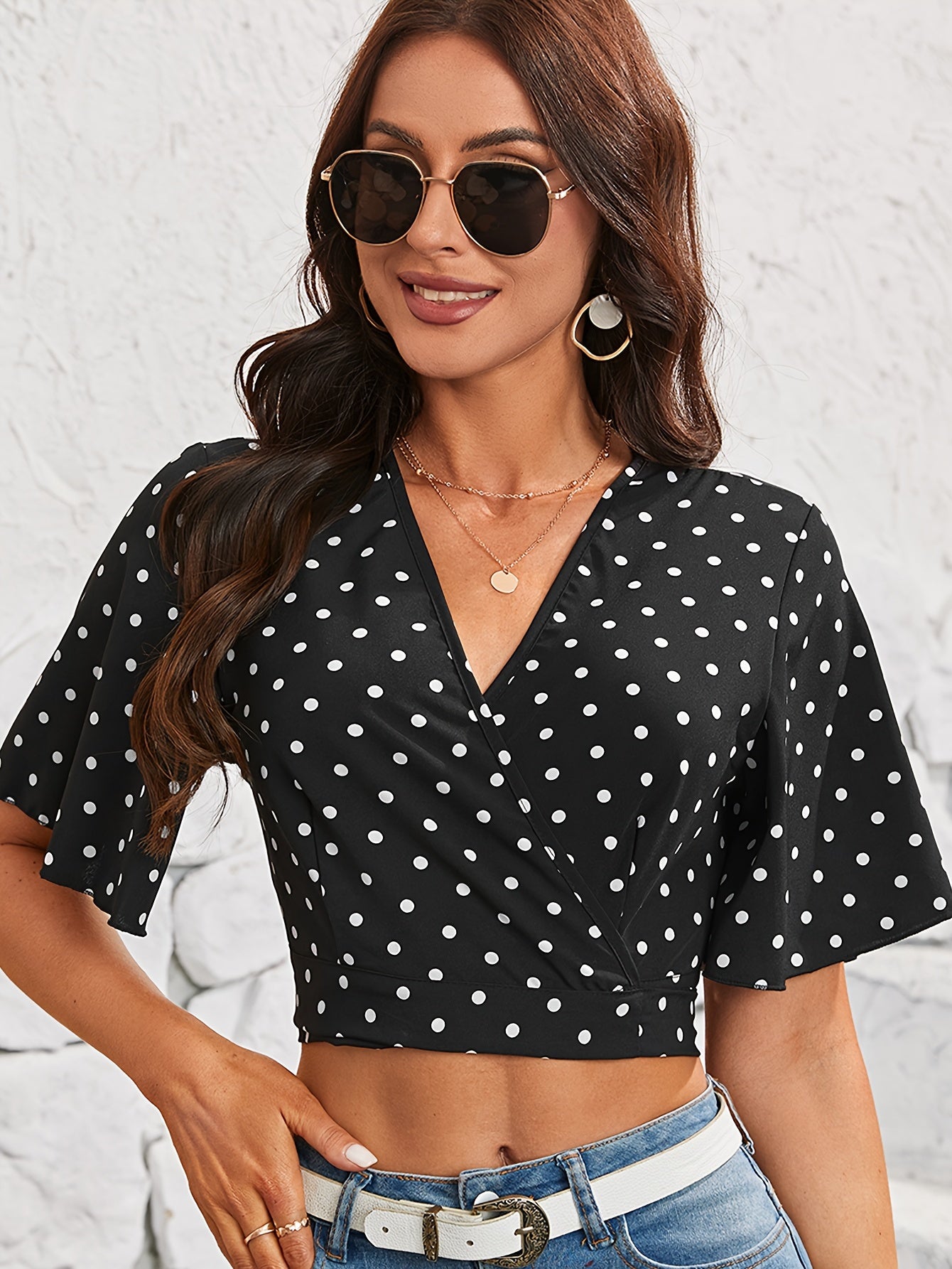 Polka Dot Print Surplice Neck Blouse, Elegant Ruffle Sleeve Crop Top For Spring & Summer, Women's Clothing